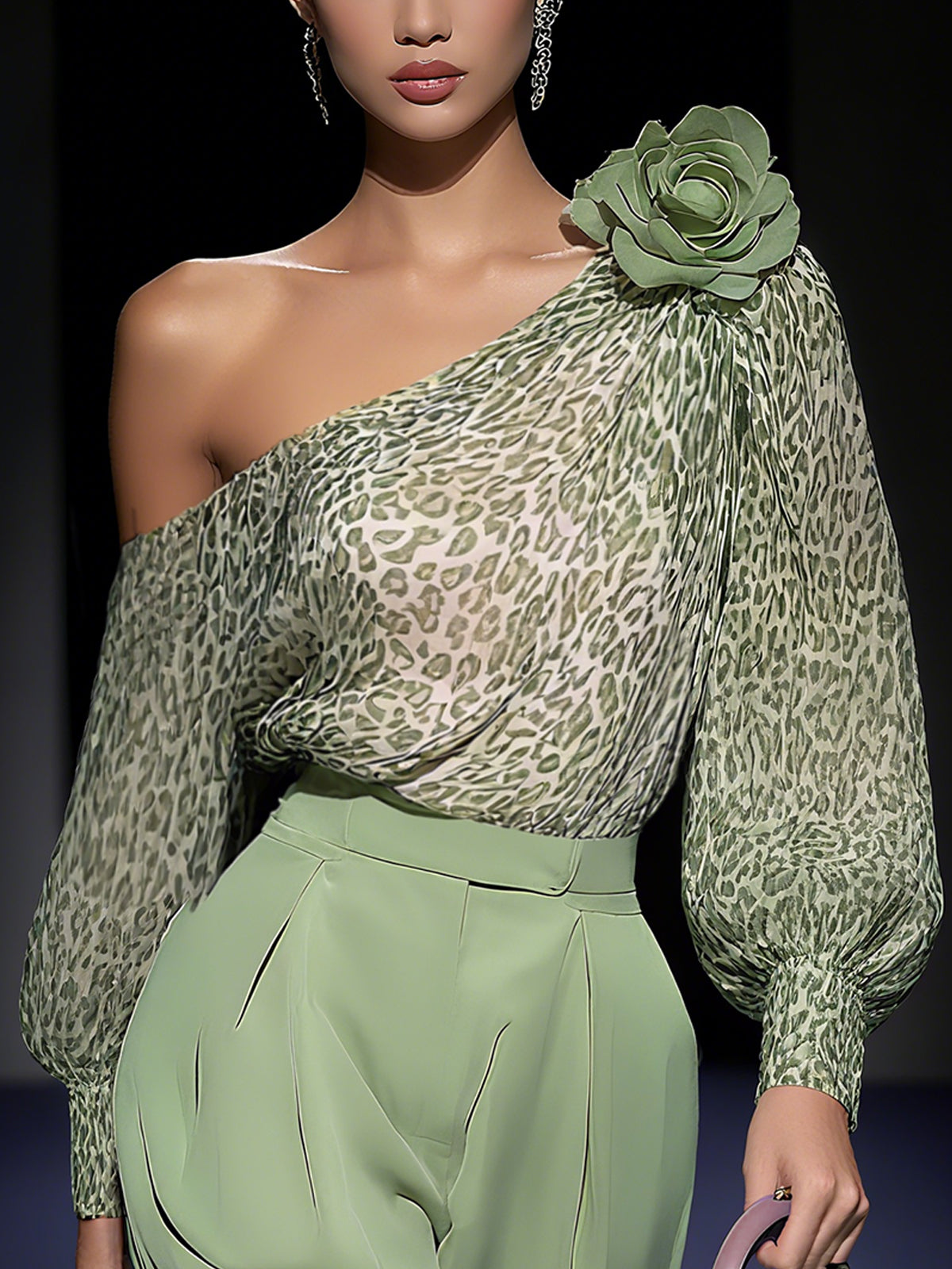 One-Shoulder Green Leopard Print Chiffon Blouse With Floral Accent