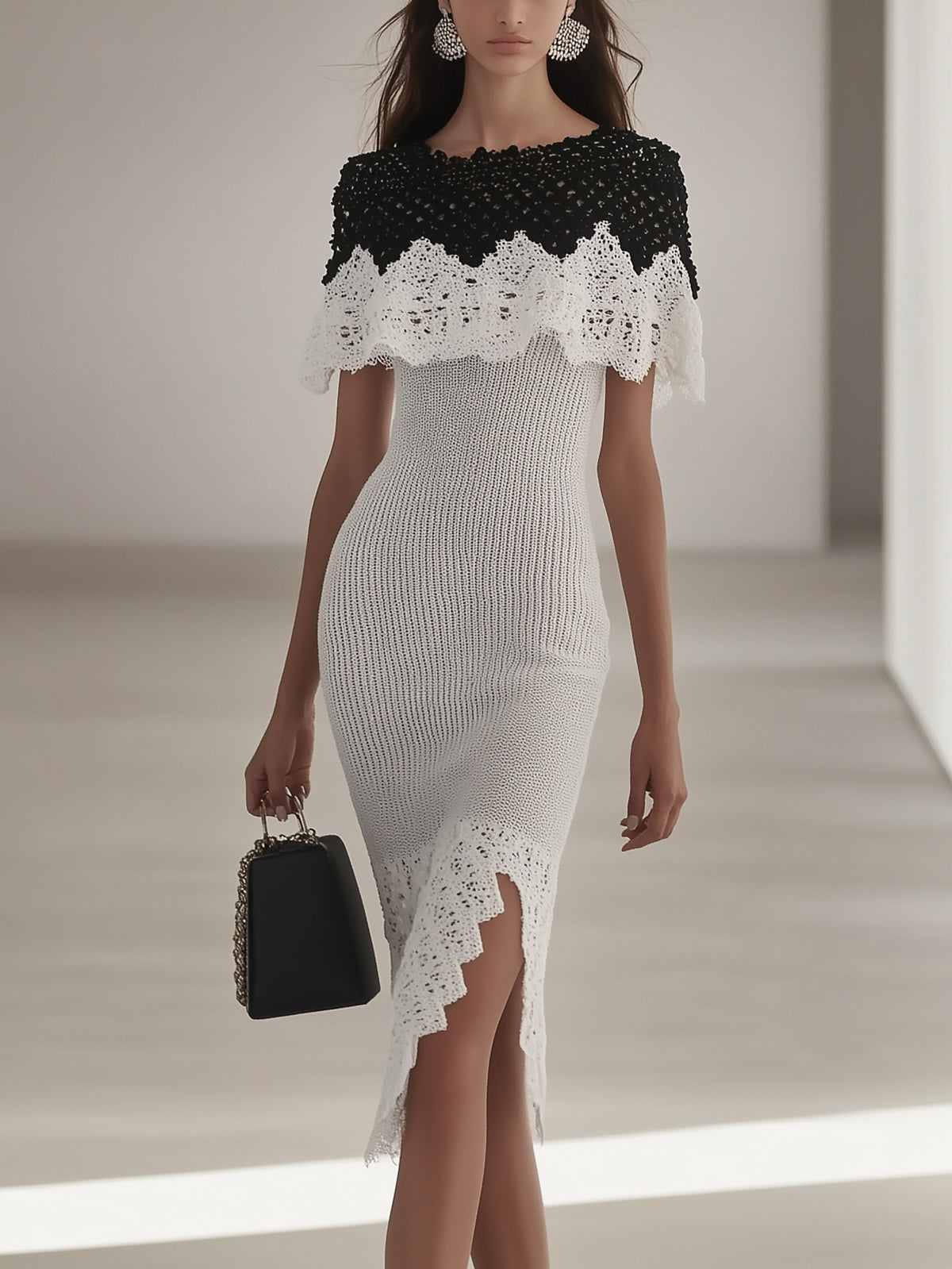 White Crochet Knit Contrast Ruffle Boat Neck Short Sleeve Midi Dress