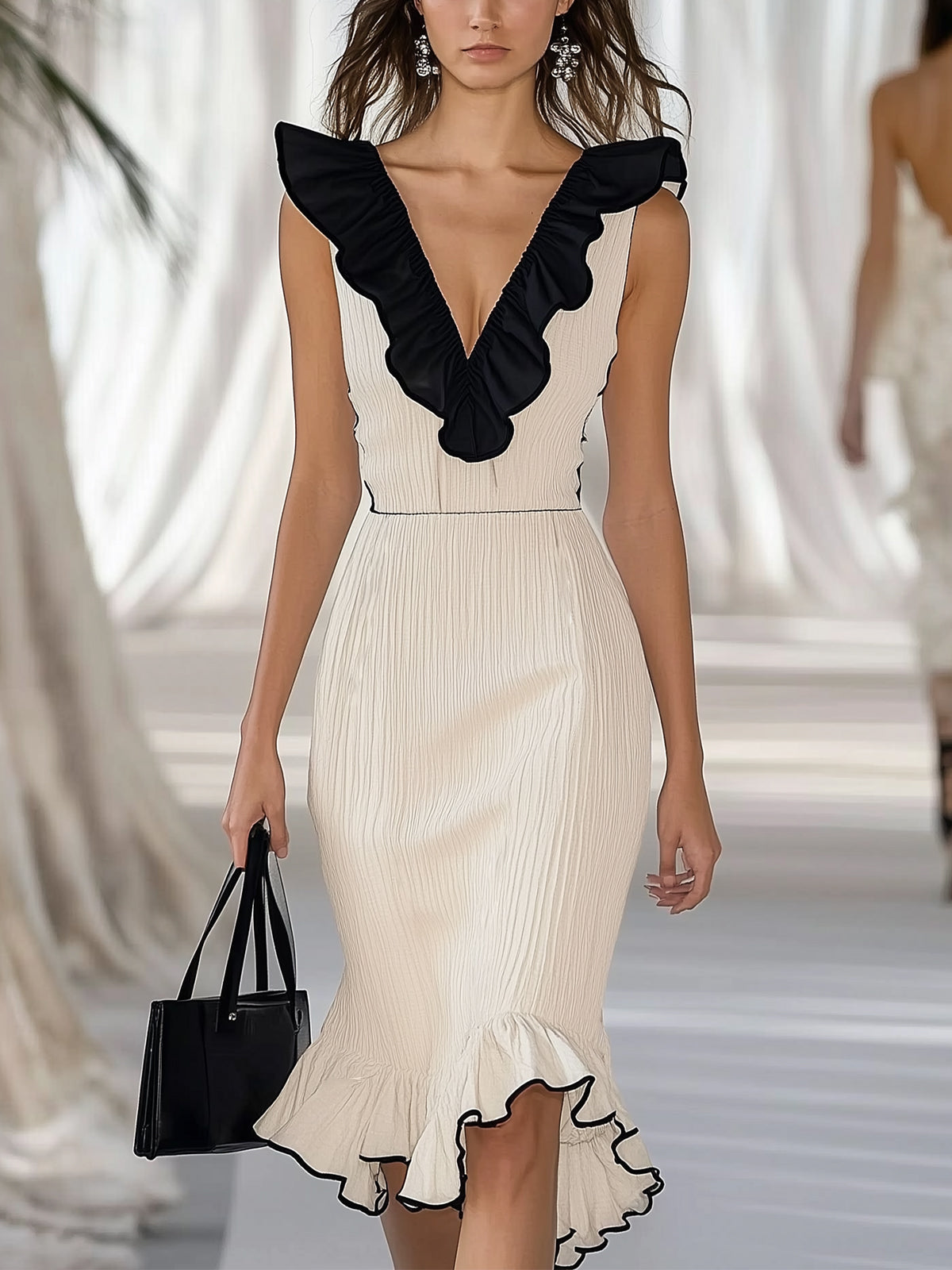 Ruffled V-Neck Slim Fit Midi Dress