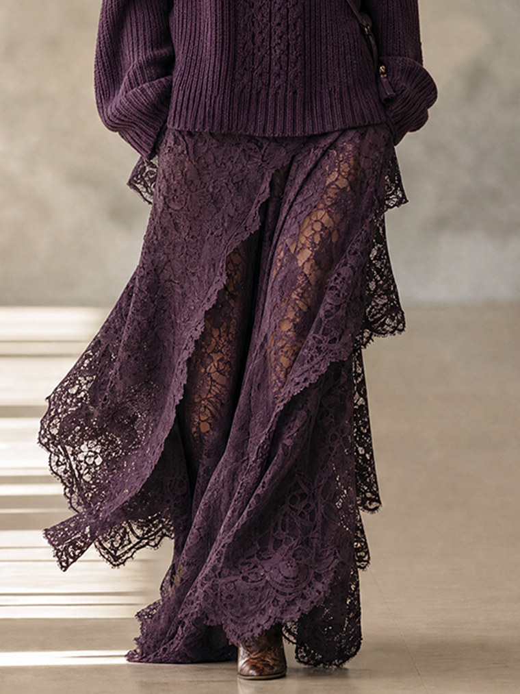Deep Plum Asymmetric Layered Lace Maxi Skirt