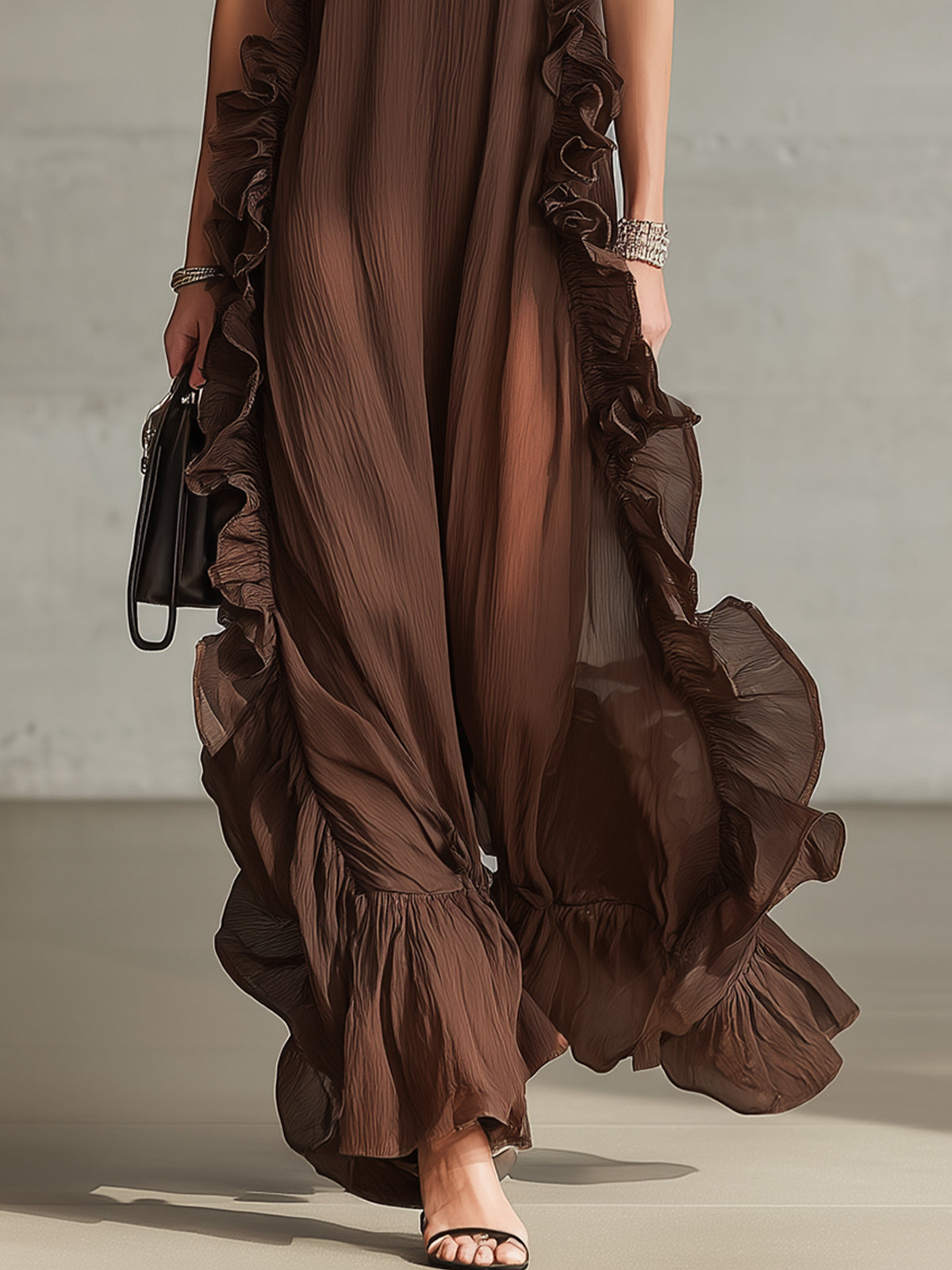 Brown Ruffle Trim Pleated Halter Chiffon Maxi Dress