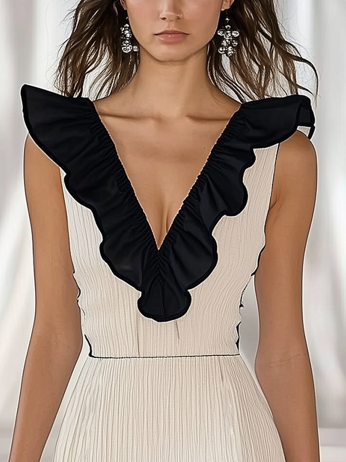 Ruffled V-Neck Slim Fit Midi Dress