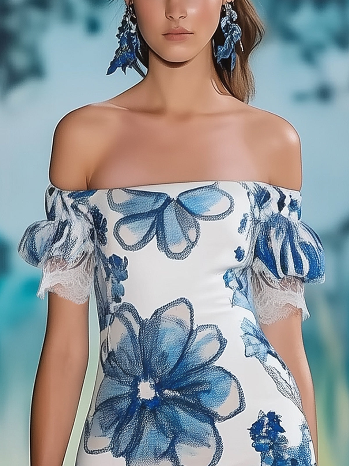 Floral Print Off-Shoulder Dress With Lace Hem