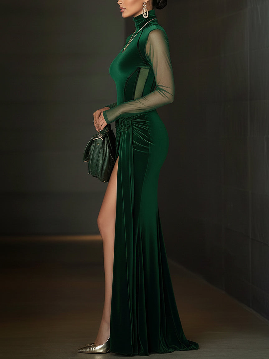 Emerald Green Velvet Mesh Sleeve High Slit Maxi Dress