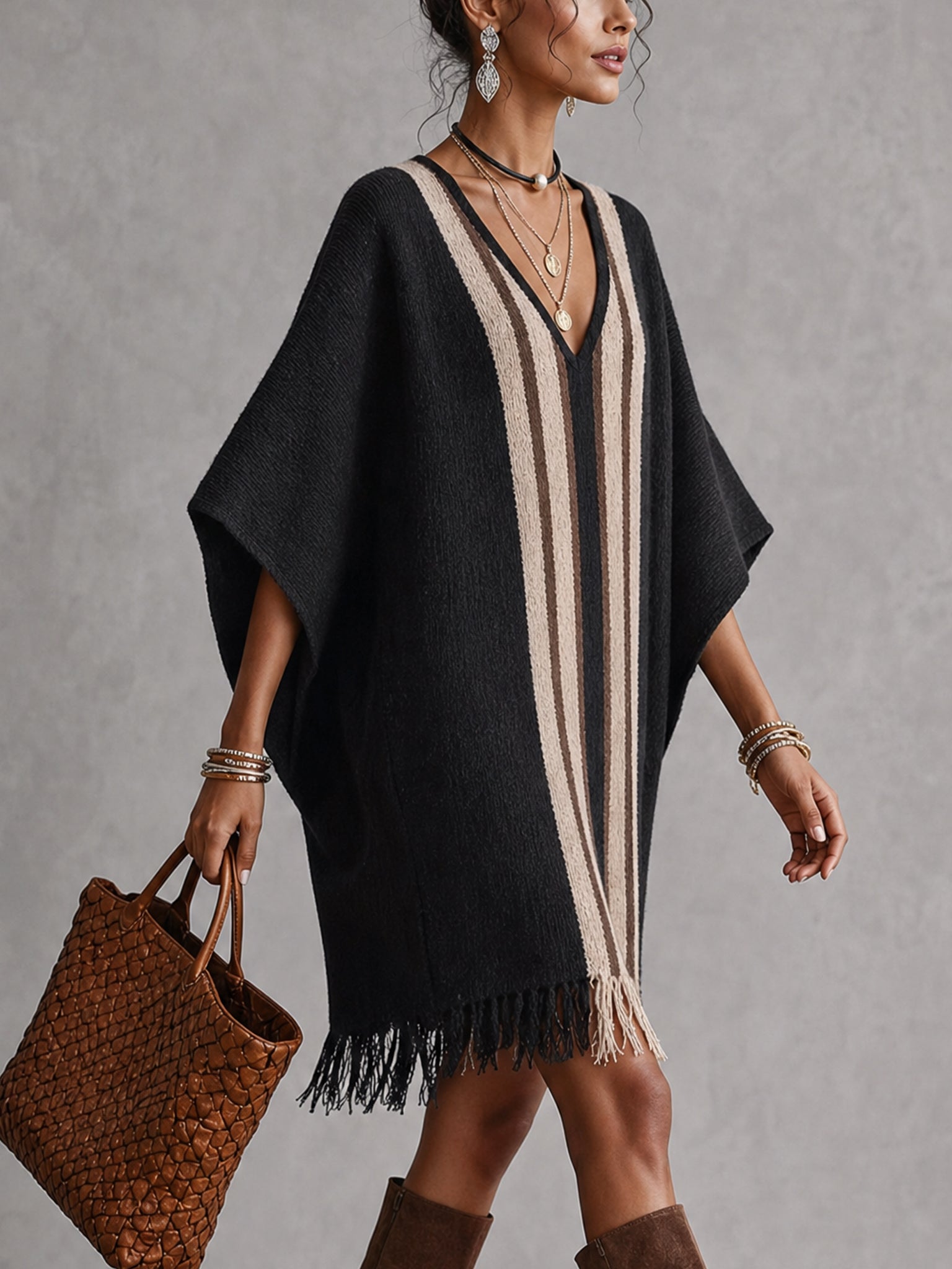 Black Color Block Knit Fringe Mini Dress