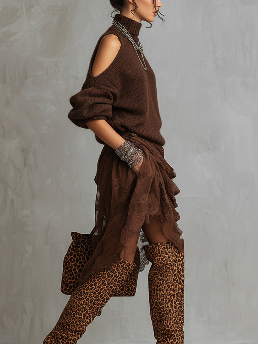 Chocolate Knit Off Shoulder Tulle Long Sleeve Midi Dress
