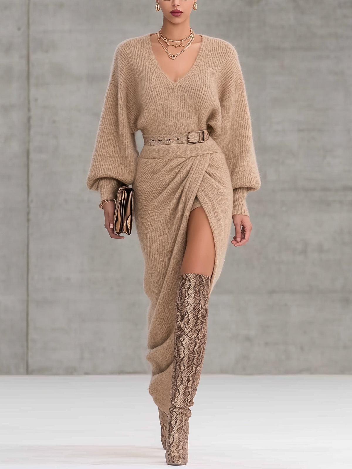 Camel Ribbed Knit Belted V-Neck Long Sleeve Maxi Dress