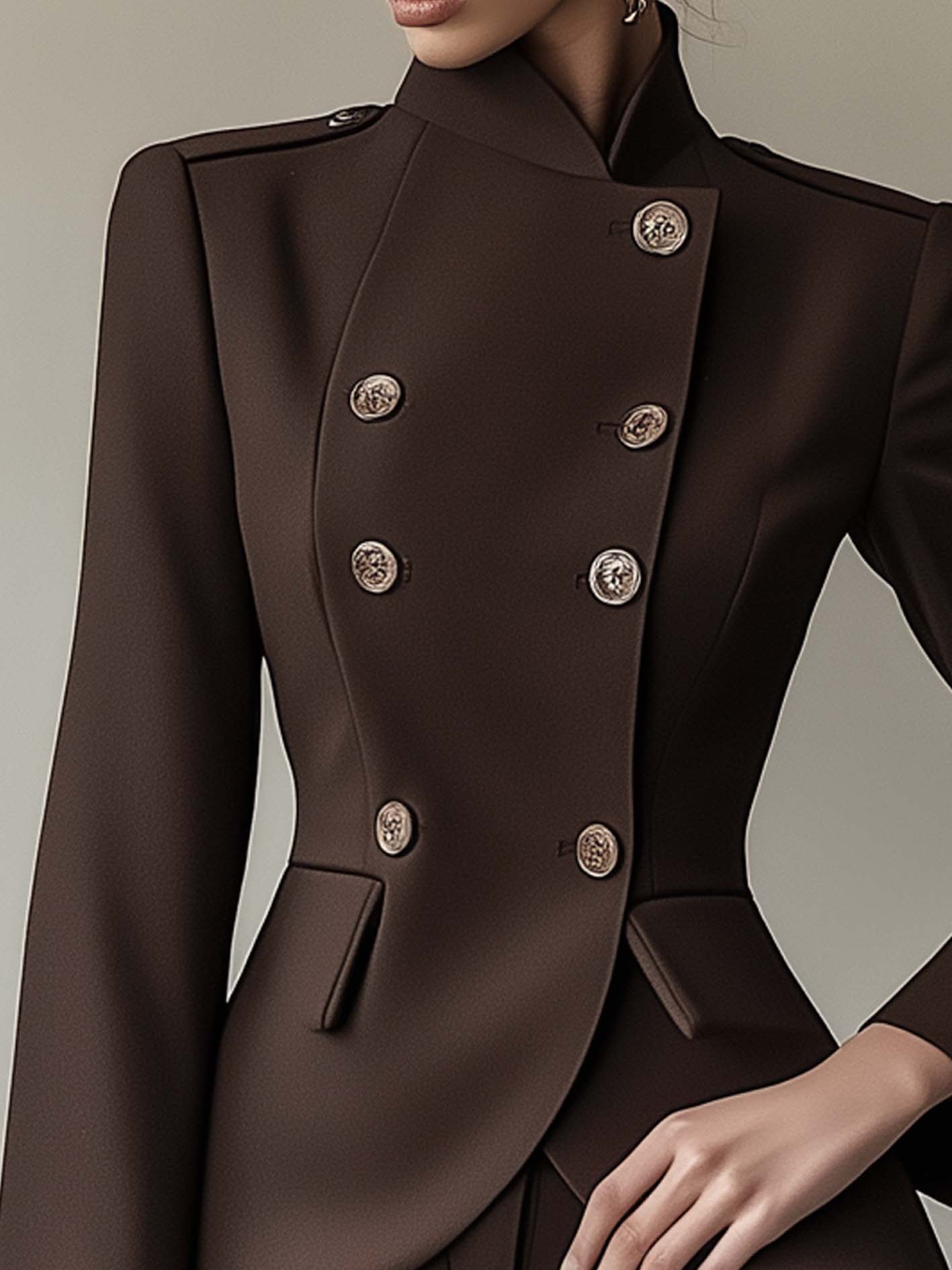 Dark Brown Blazer With Curved Placket And Buttons