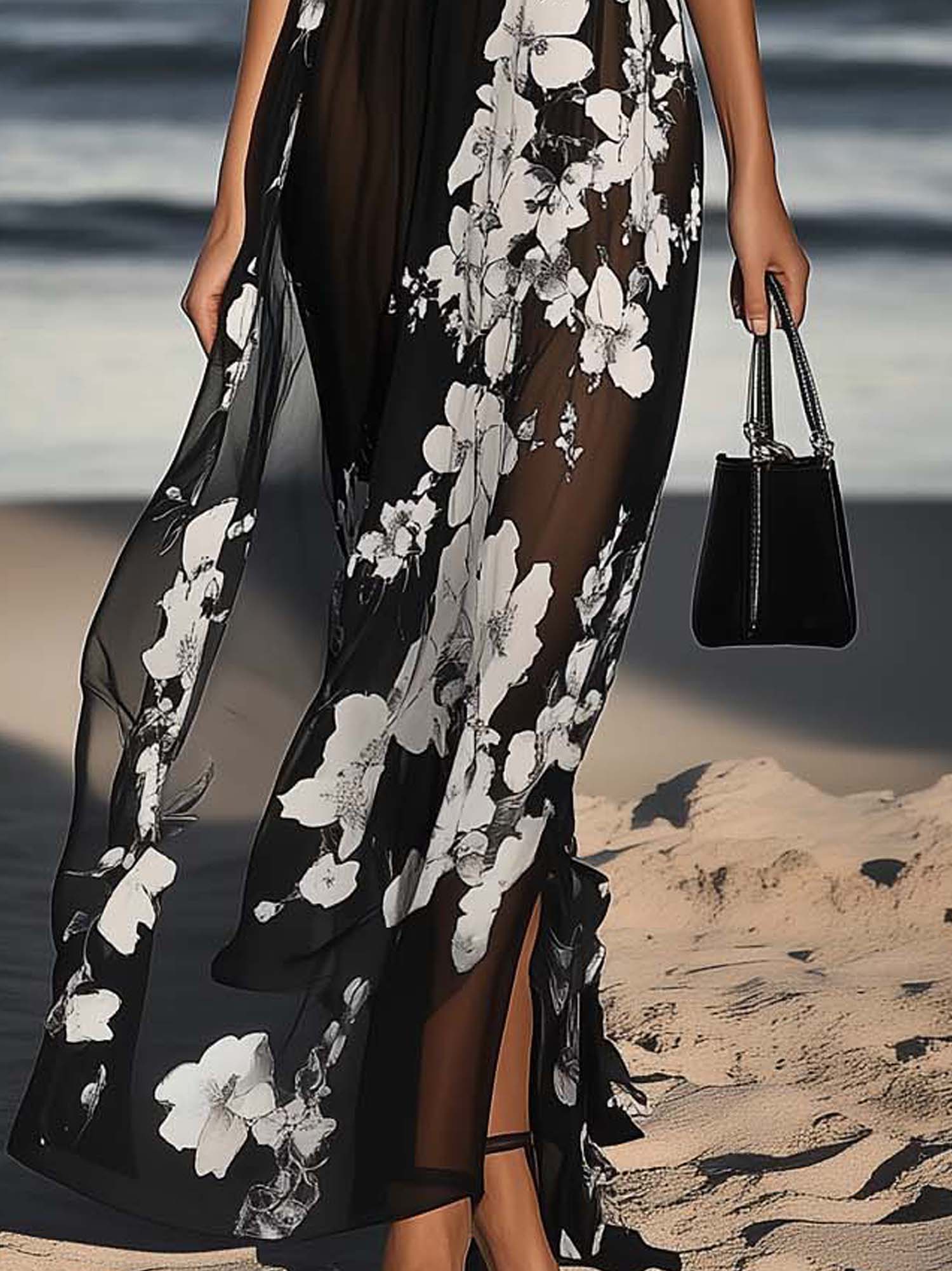 Black Chiffon Maxi Dress With White Flowers And Cross Neckline