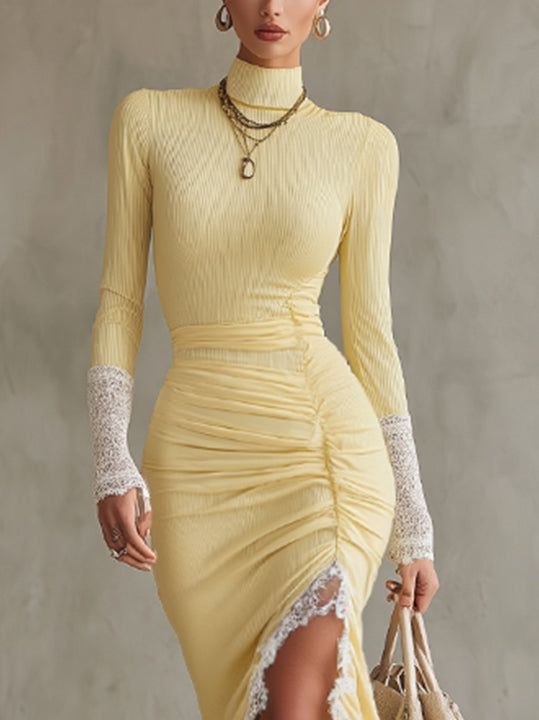 Yellow Long-Sleeve Maxi Dress With Ruched Front And Lace Trim Detailing