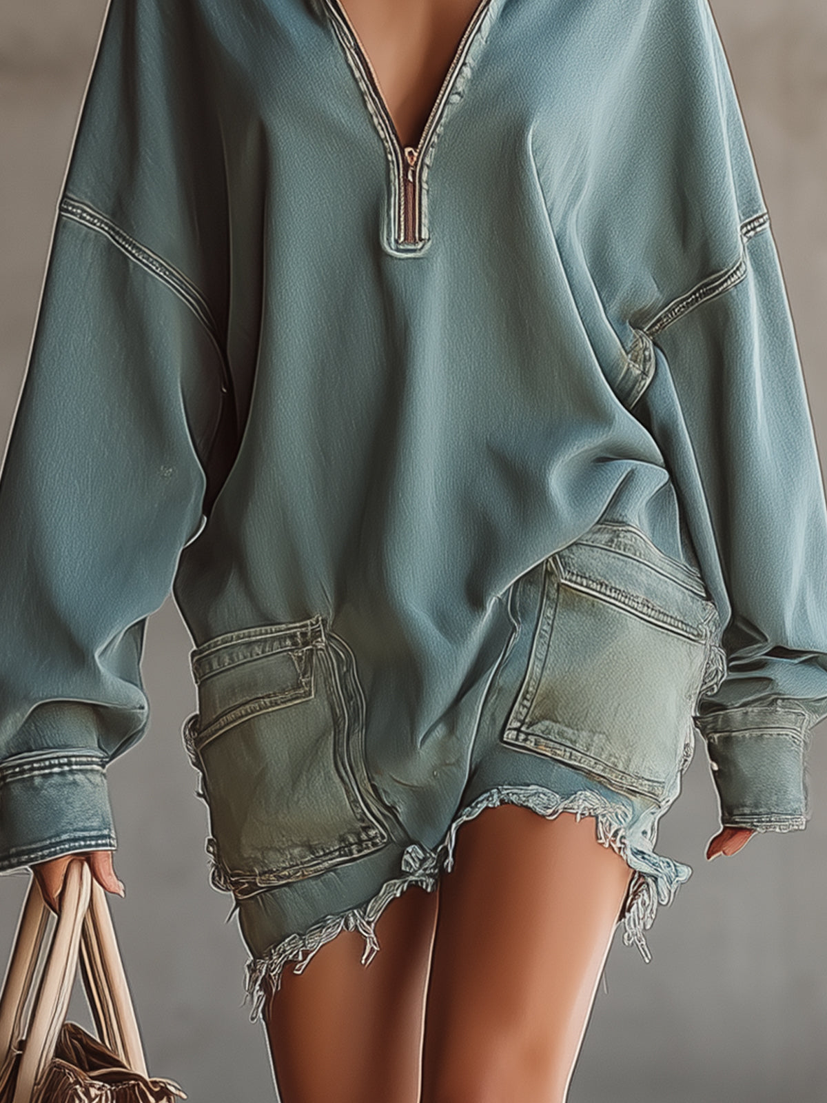 Light Blue Zip Collar Oversized Denim Mini Dress
