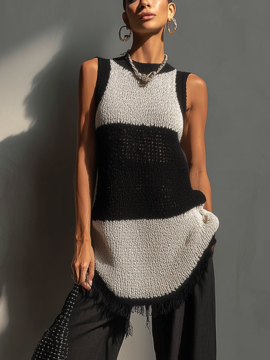 Monochrome Fringe Knit Sleeveless Top And Linen Cotton Trousers Set