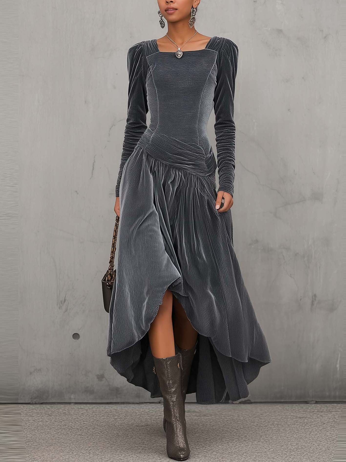 Gray Velvet Ruched Midi Dress With Asymmetric Hem
