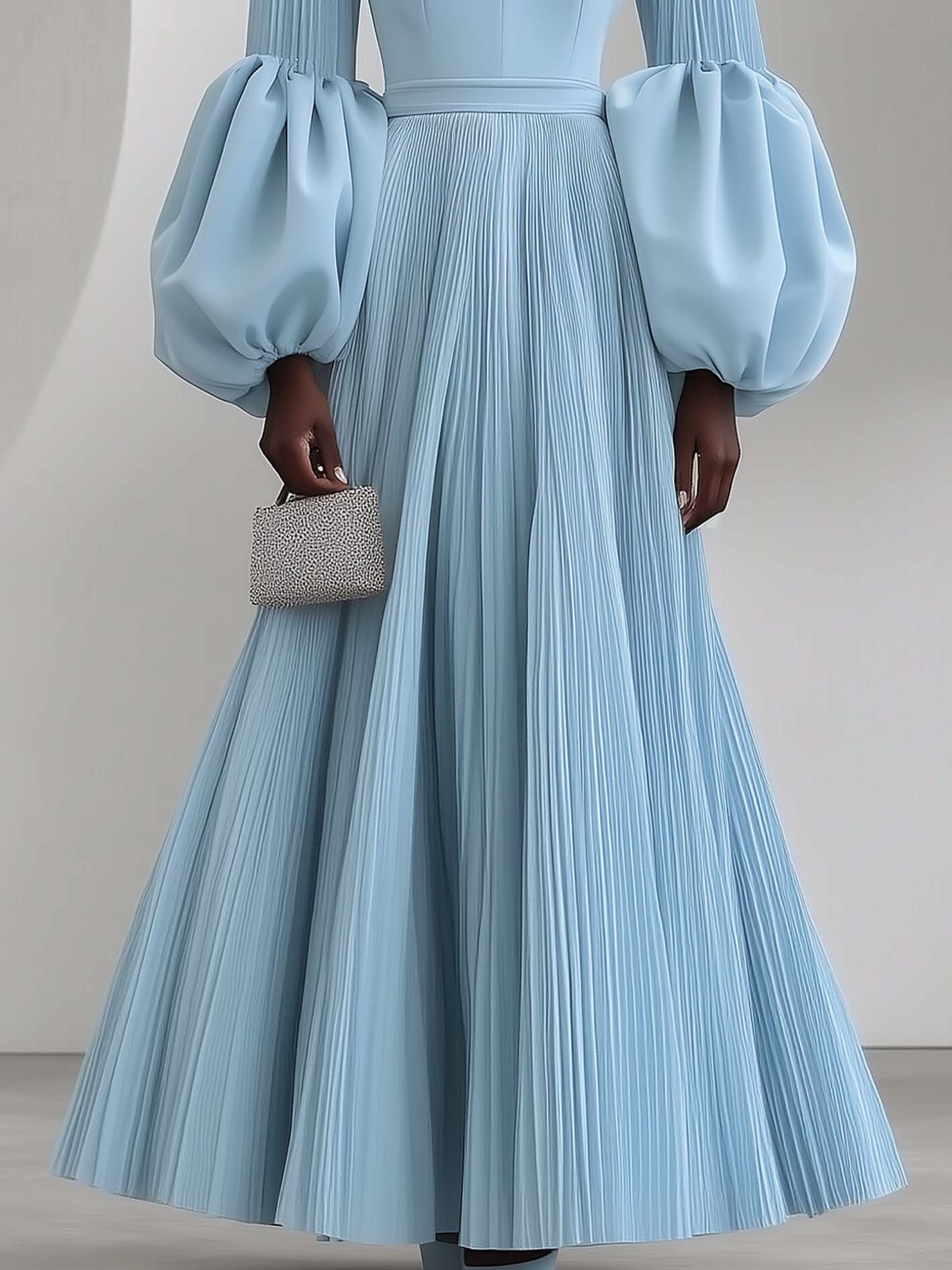 Blue Maxi Dress With Balloon Sleeves And Pleats