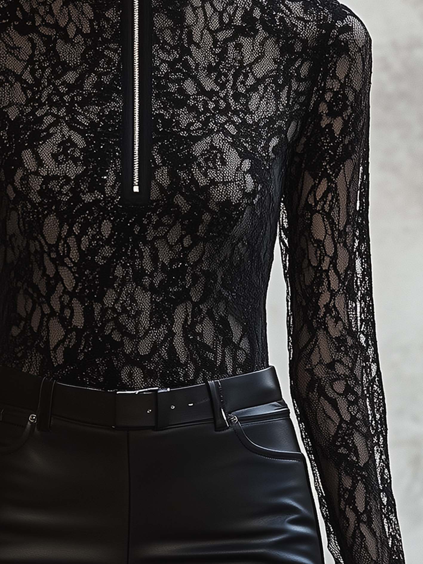 Elegant Black Lace T-shirt With Zipper Neckline