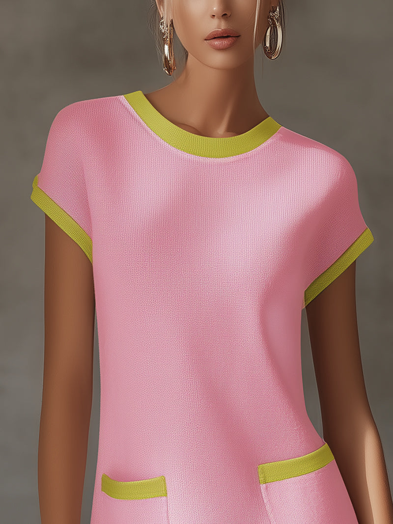 Pink Short-Sleeve Knit Mini Dress With Lime Trim