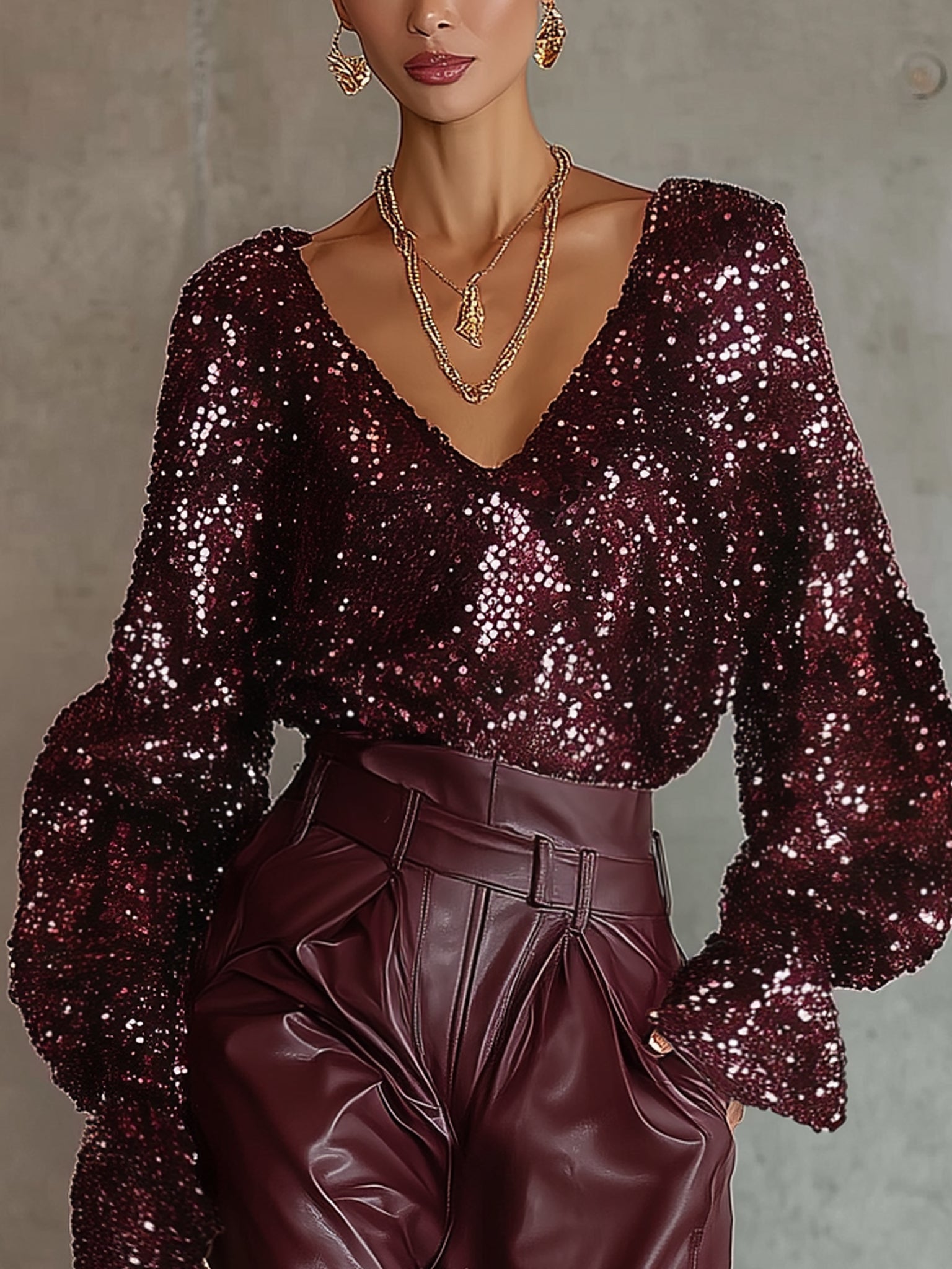 Burgundy Sequin V-Neck Long Sleeve Festive Top