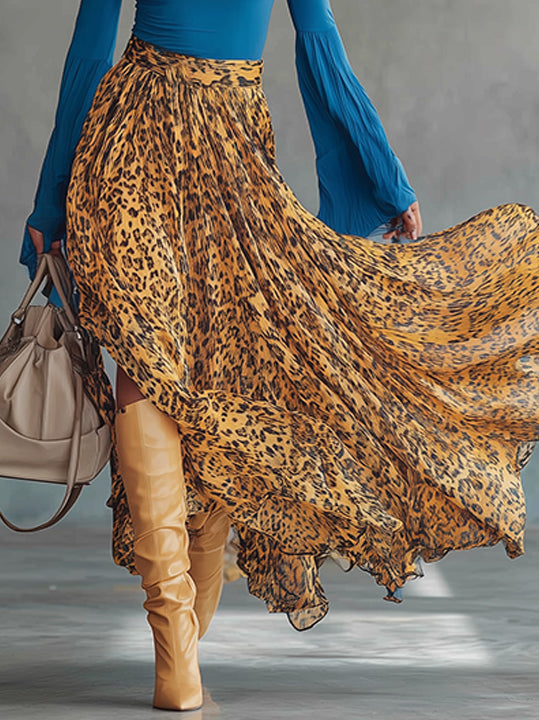 Blue Pleated Bell-Sleeve Golden Leopard Chiffon Maxi Dress