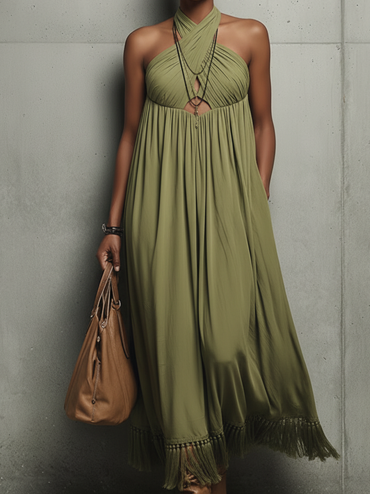 Olive Green Halter With Tassel Hem Maxi Dress