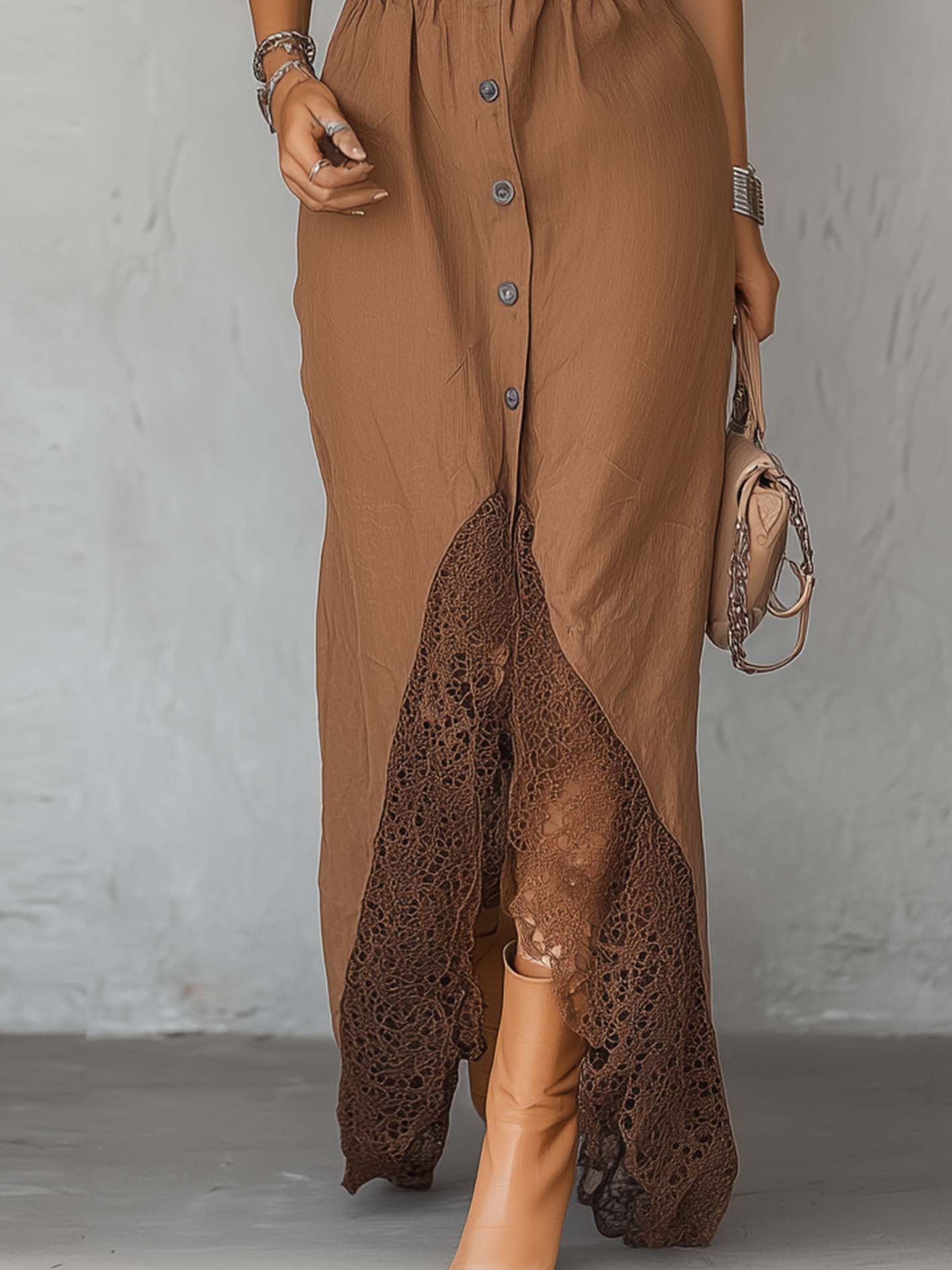 Brown Cotton Linen Maxi Dress With Lace Hem Patchwork