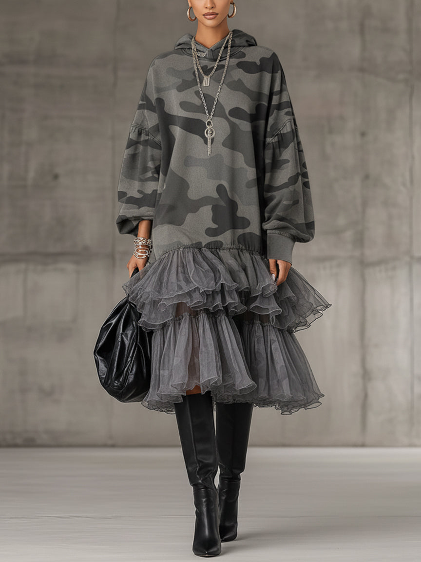 Gray Camouflage Fleece Layered Chiffon Long Sleeve Midi Dress