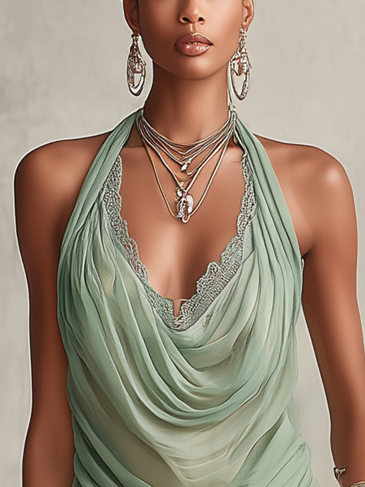 Green Draped Chiffon Lace Trim Halter Top