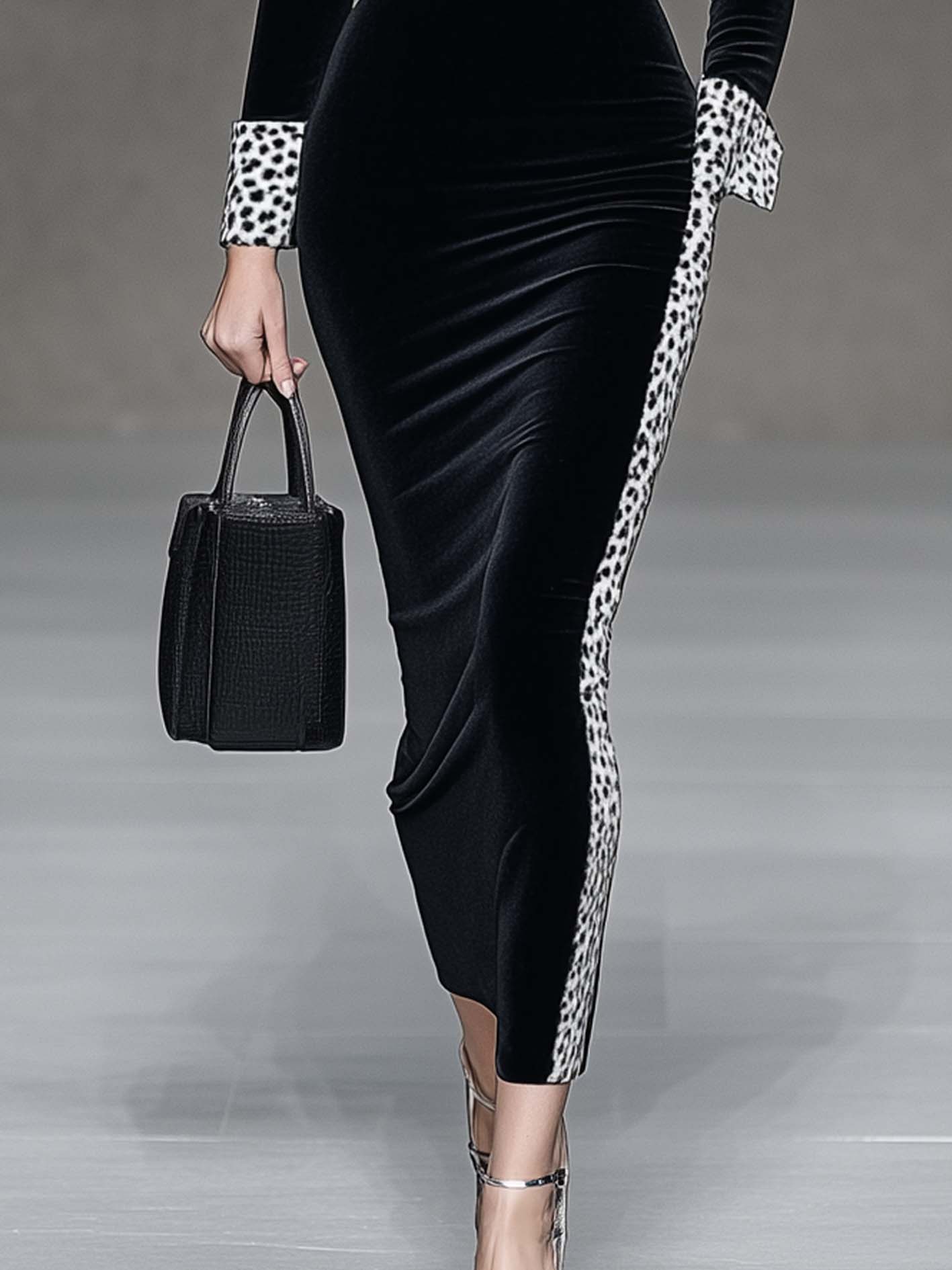 Black Velvet Midi Bodycon Dress With White And Leopard Print Trim