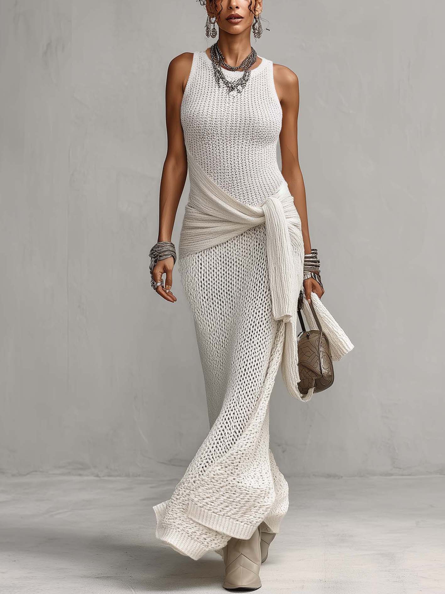 White Boho Sleeveless Hollow Knit Maxi Dress With Waist Tie