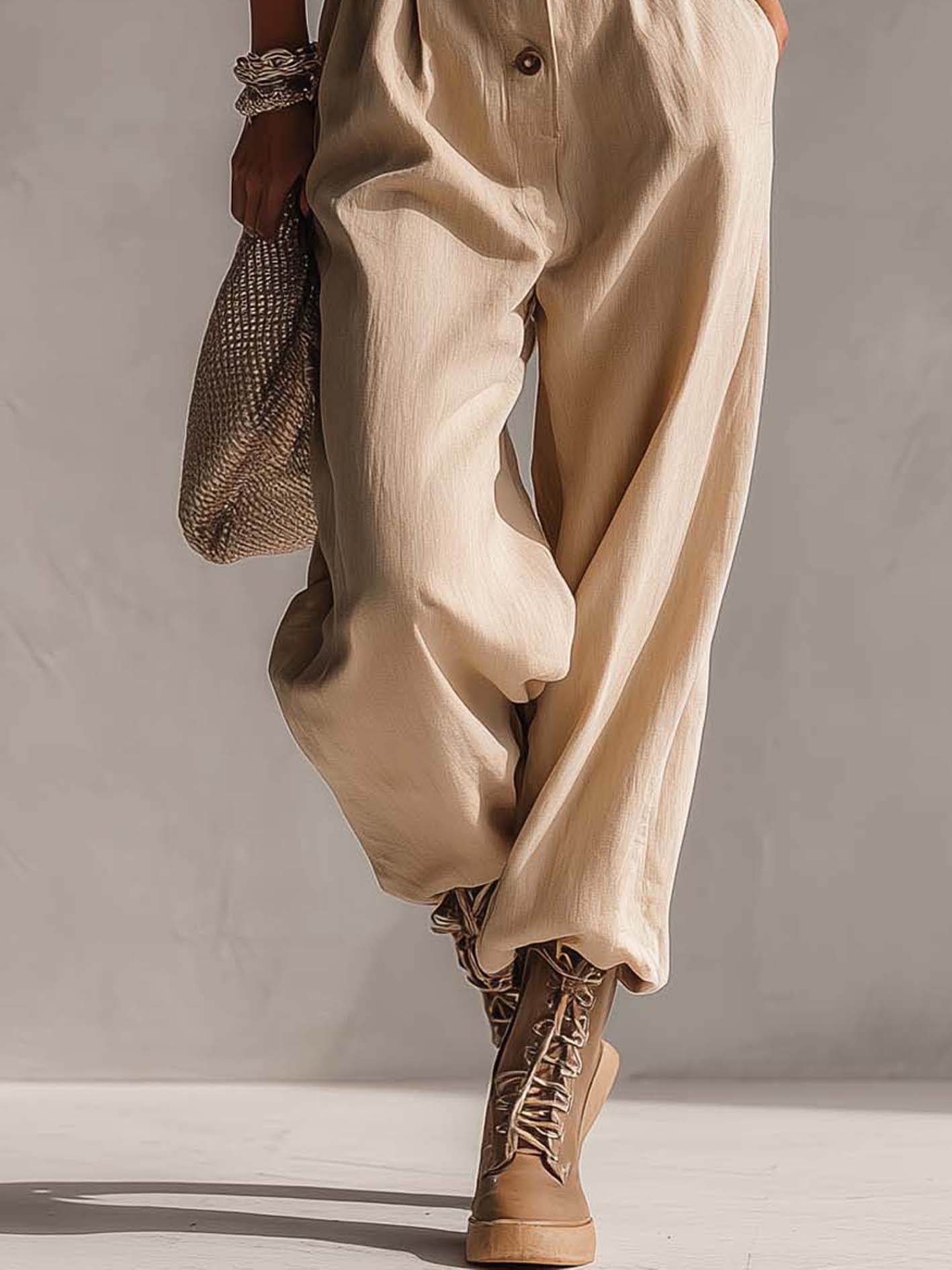 Beige Cotton Linen Lace Cuff Jumpsuit