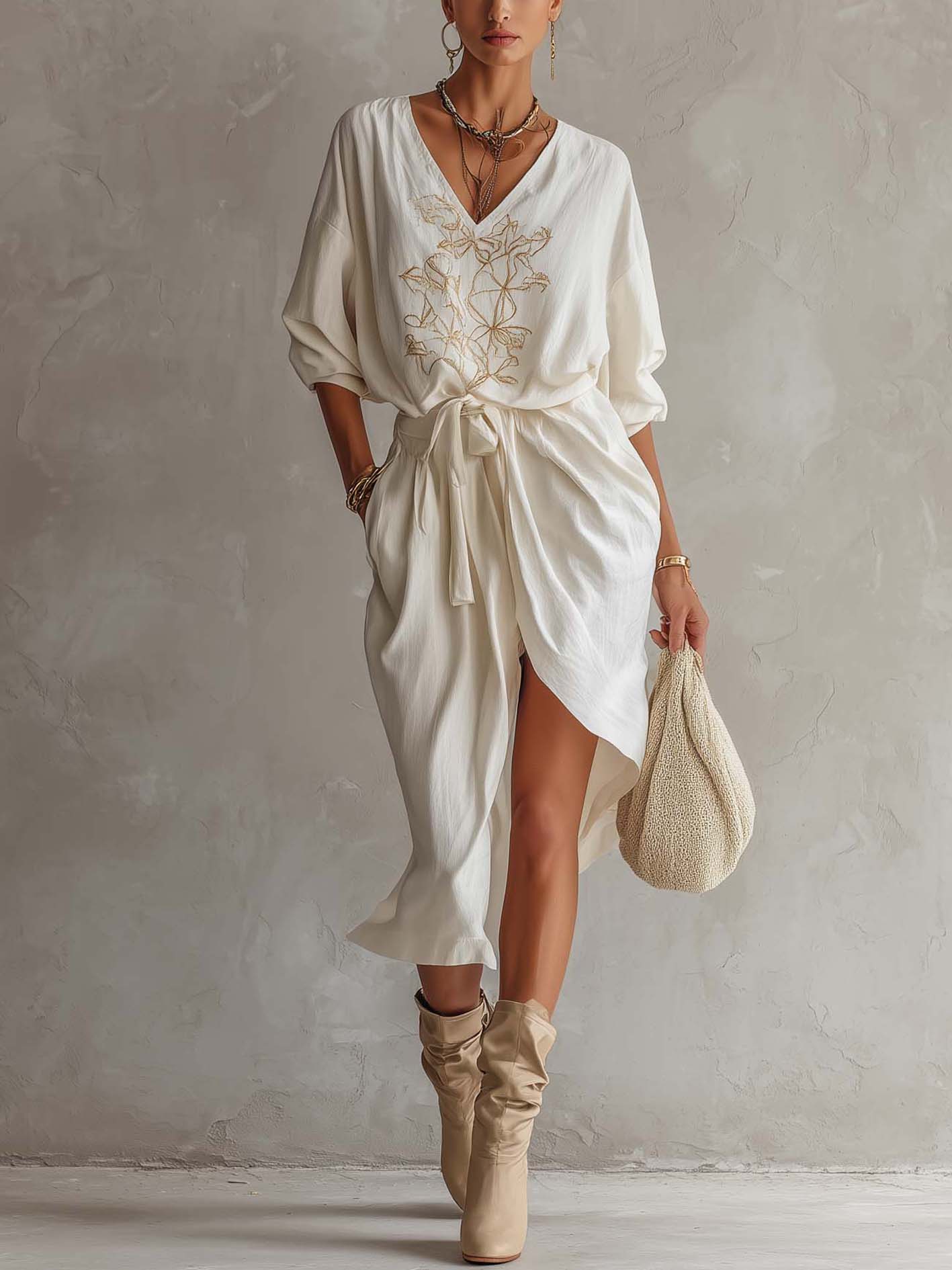 White Cotton Linen Midi Dress With Light Gold Floral Embroidery And Waist Tie