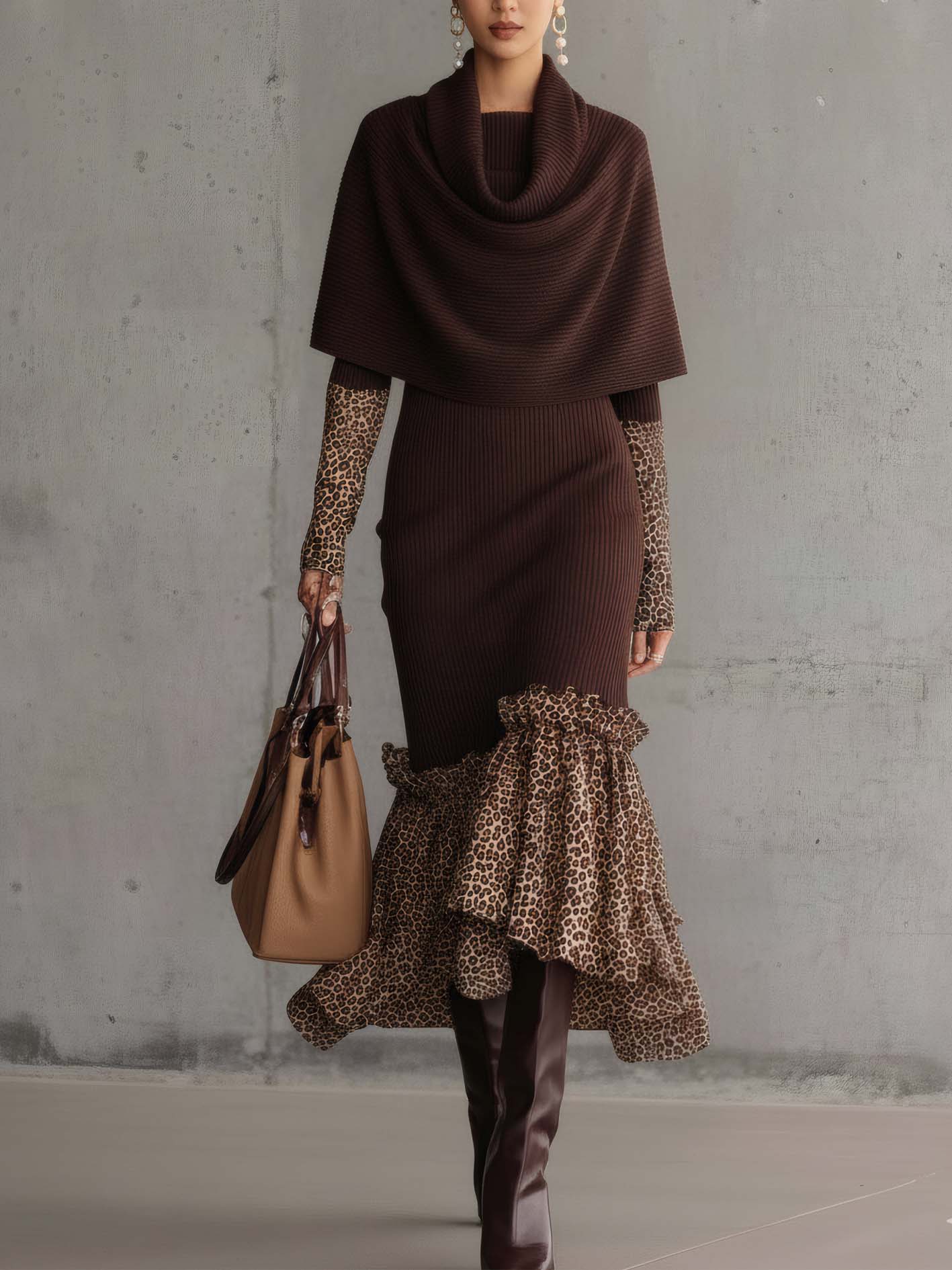 Chocolate Cape Bodycon Dress With Leopard Print
