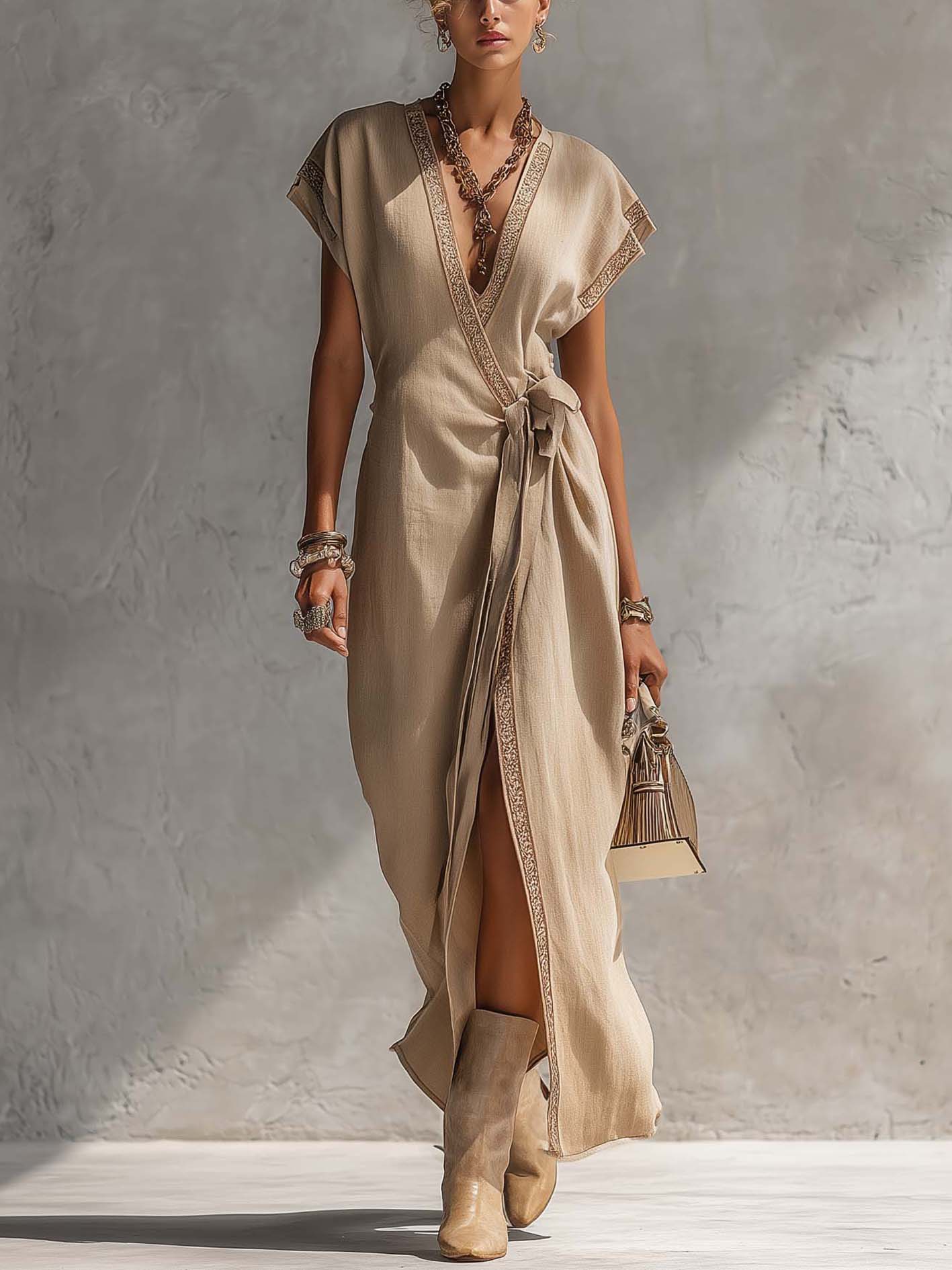 Khaki Lace Trim Linen Cotton Maxi Wrap Dress With Side Waist Tie
