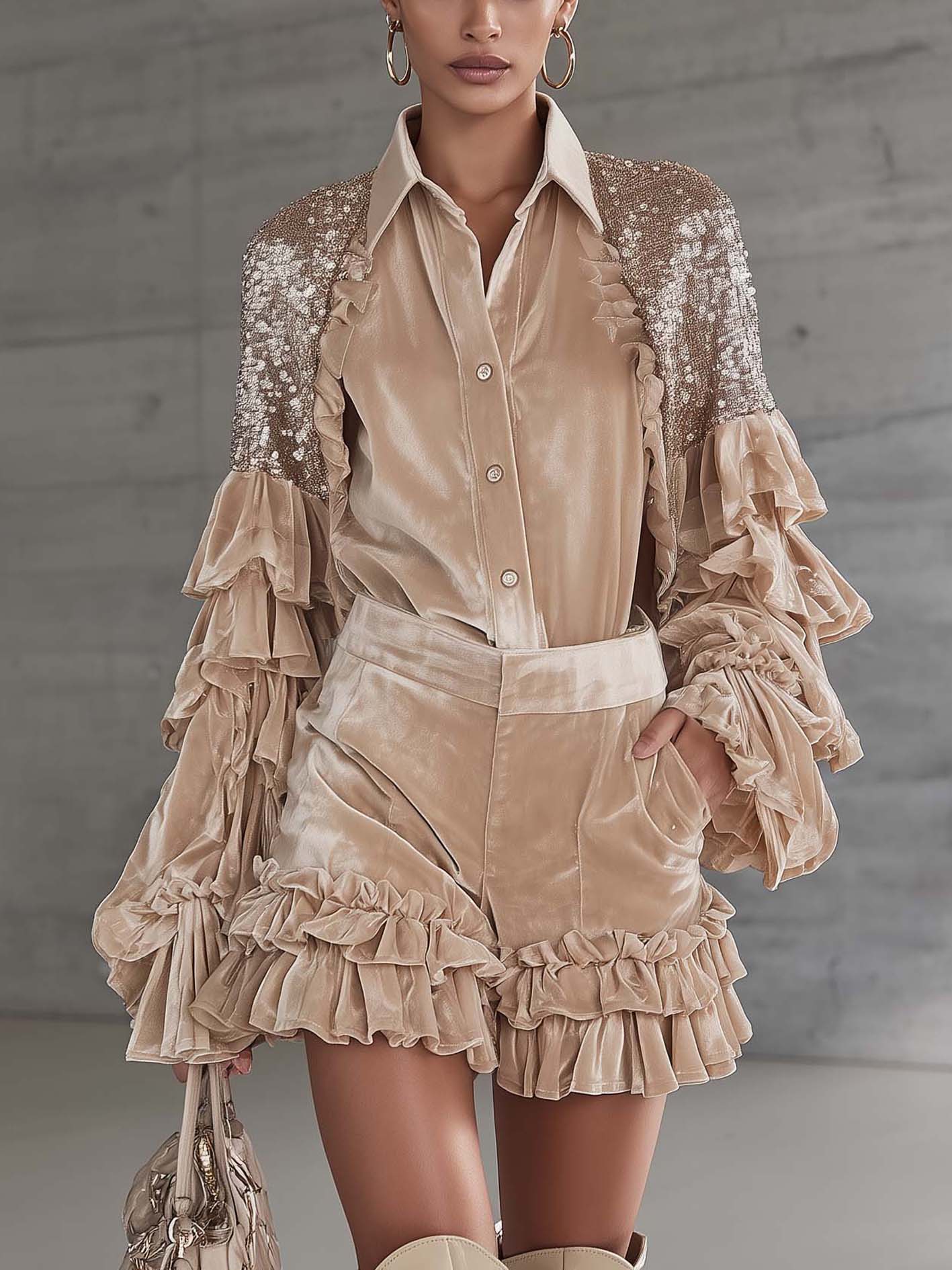 Champagne Velvet Sequin Ruffle Patchwork Two Piece Set