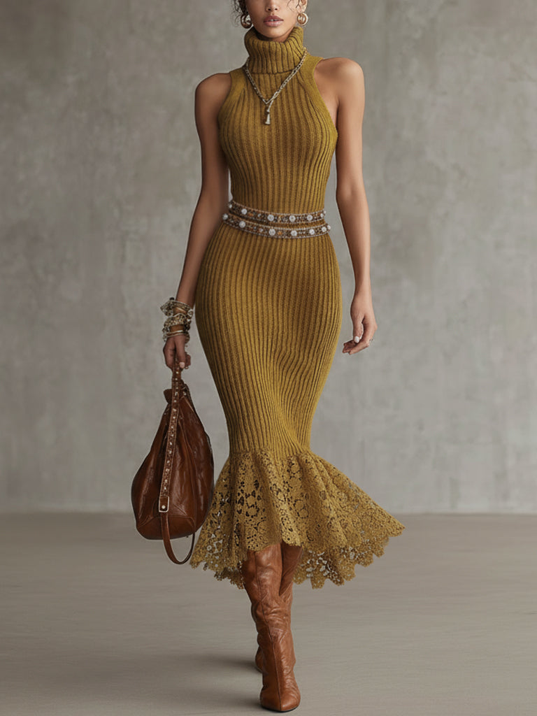 Mustard Sleeveless High Neck Knit Bodycon Dress With Lace Hem