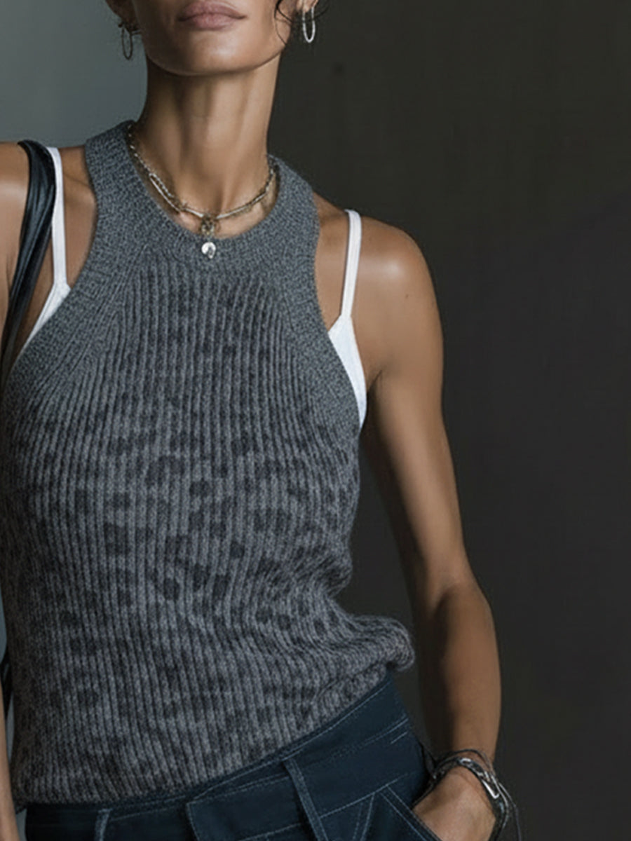 Gray Faux Two Piece Leopard Print Knit Tank