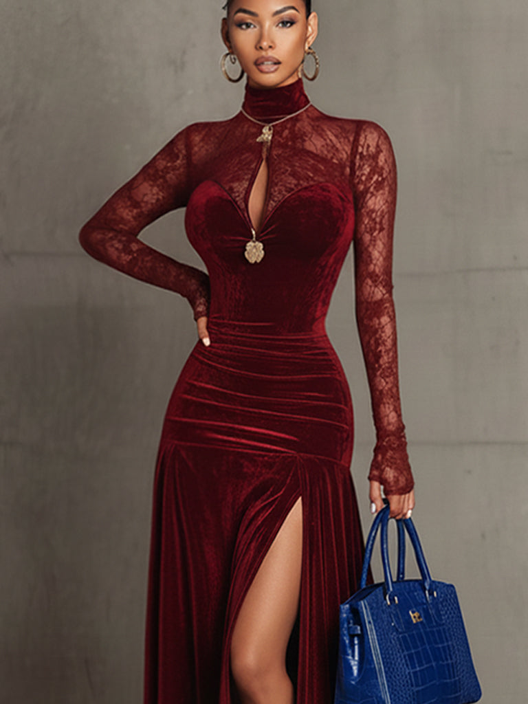 Elegant Red Velvet And Lace-Trimmed Long Sleeve Maxi Dress