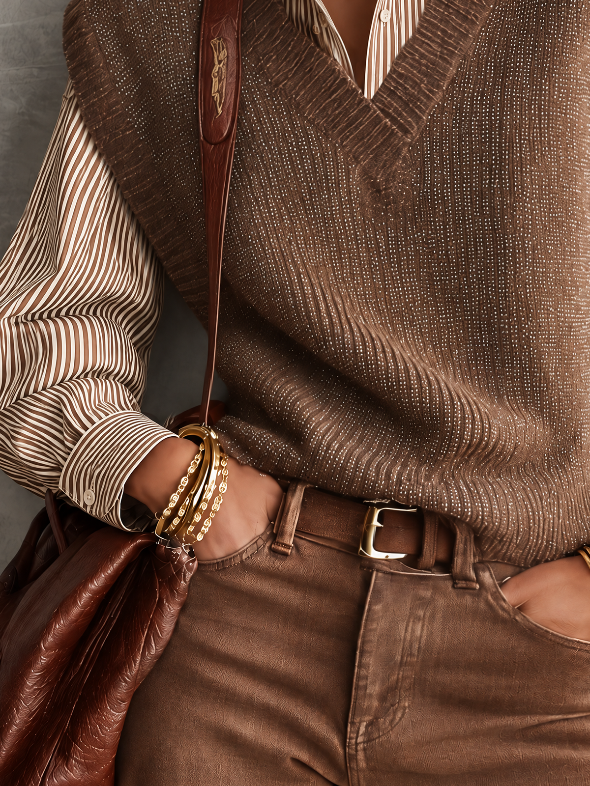 Brown Sparkle Knit Vest And Striped Shirt Two-Piece Set