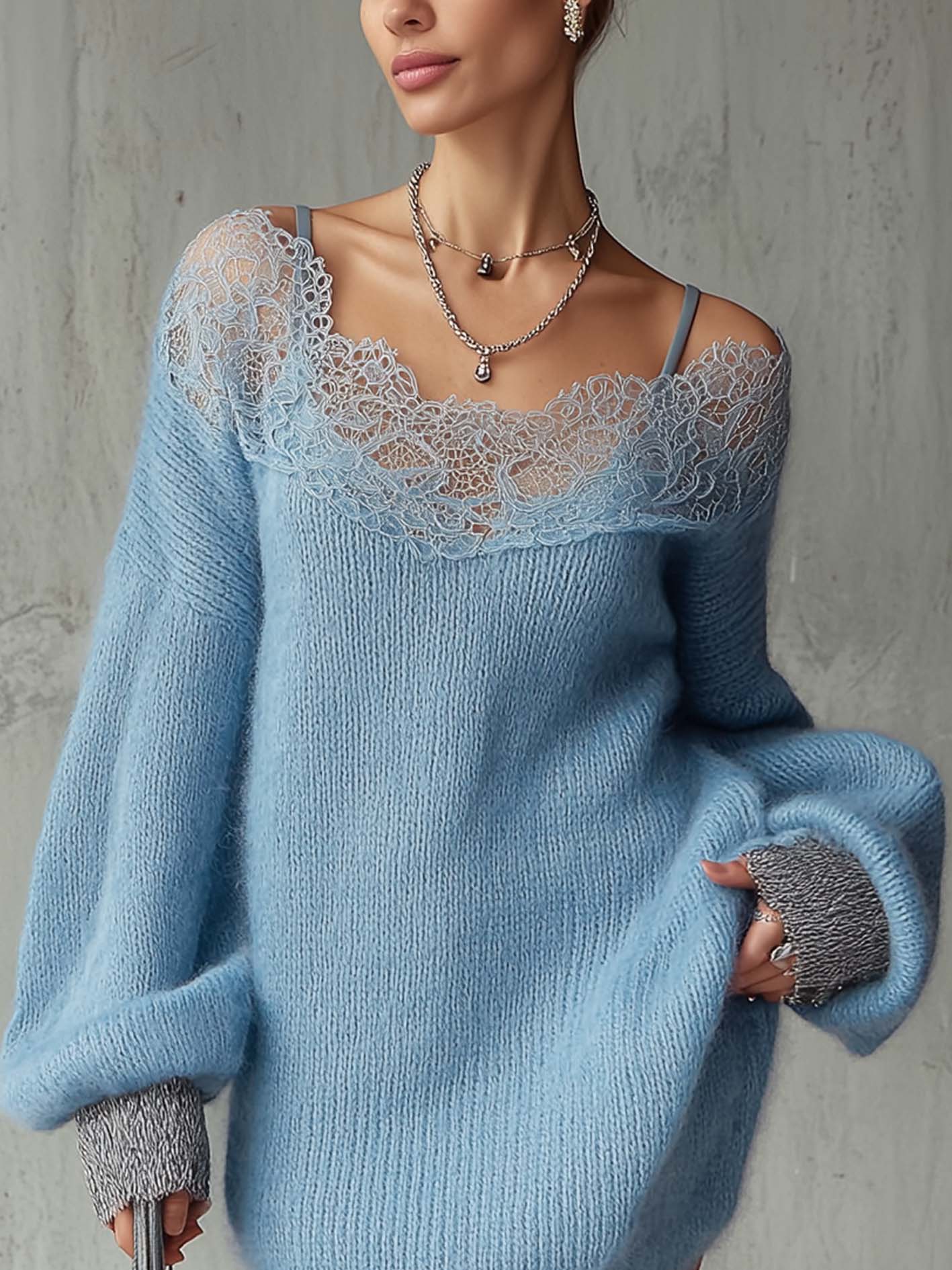Sky Blue Lace Patchwork Mohair Knit Mini Dress