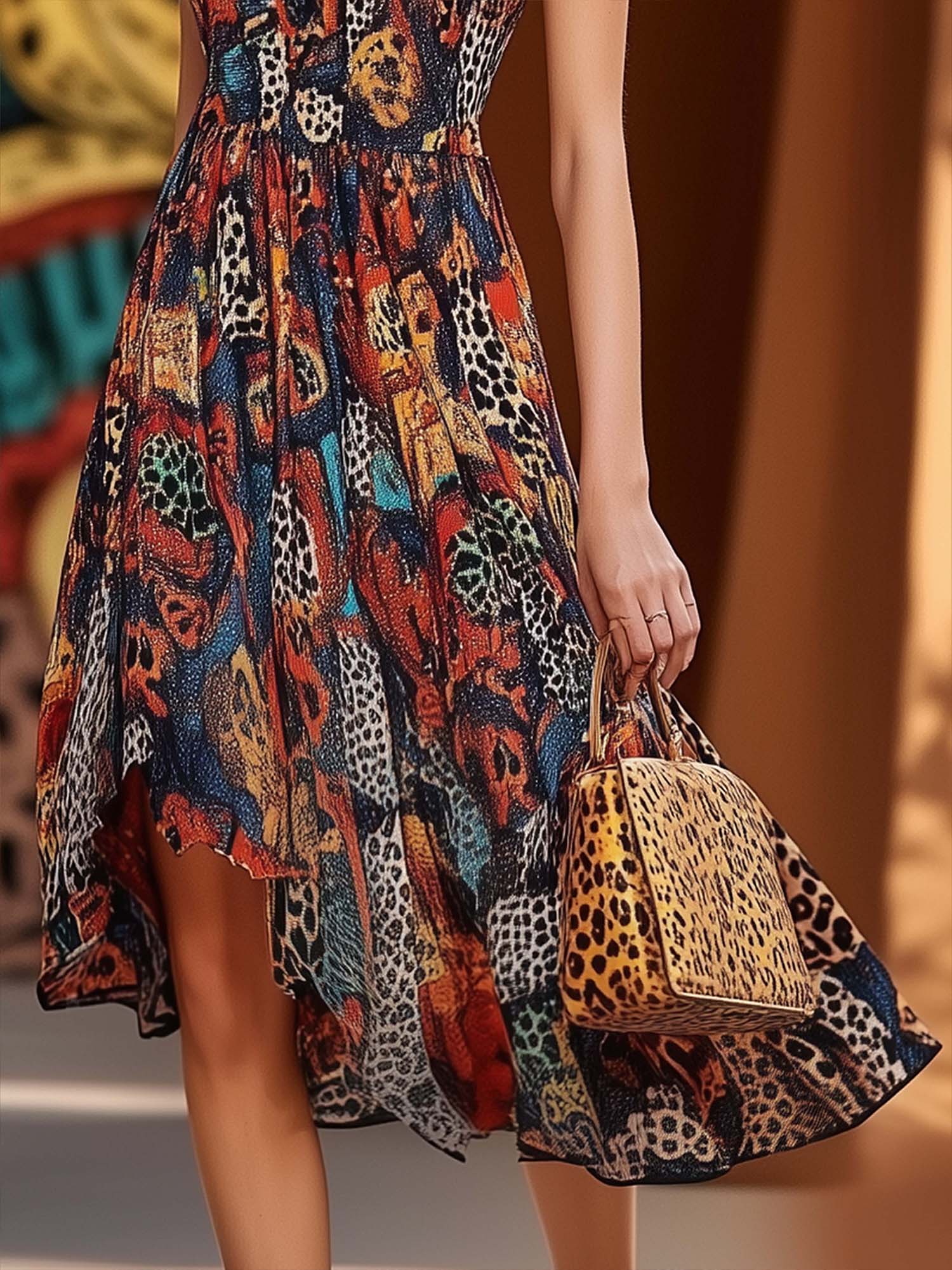 National And Leopard Print Chiffon Midi Dress