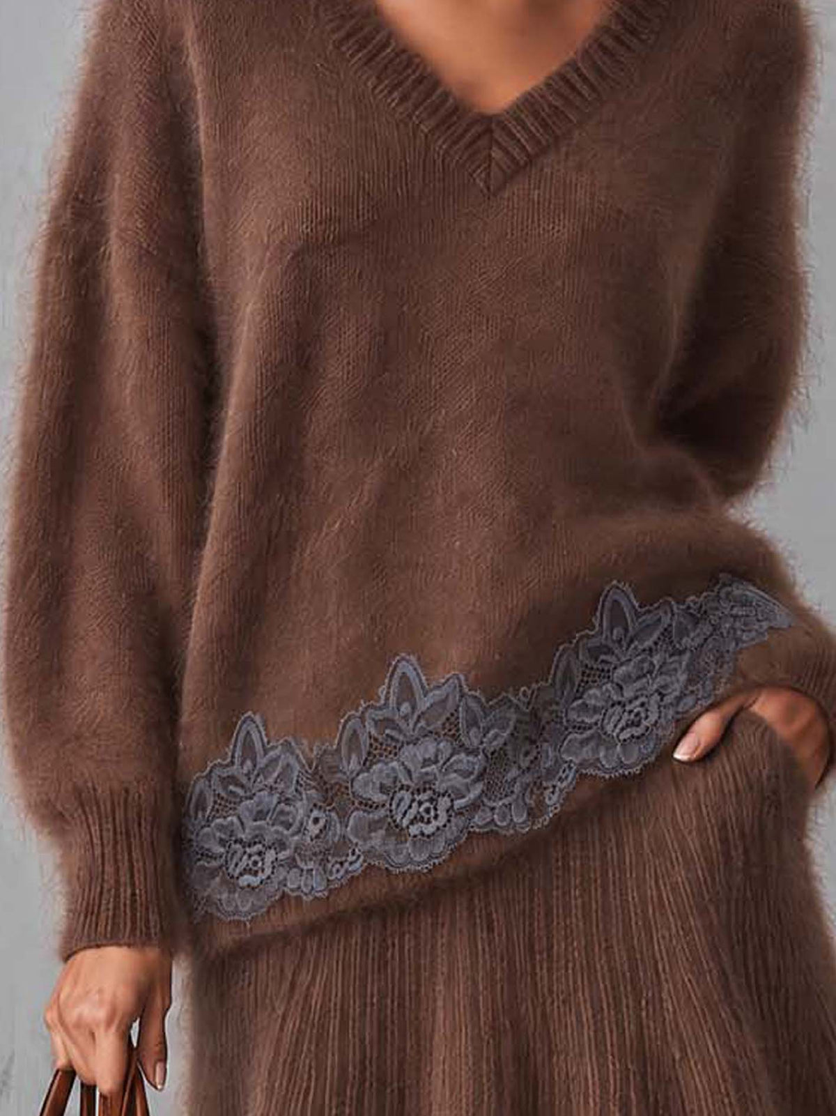 Brown Fuzzy Mohair Sweater With Lace Trim