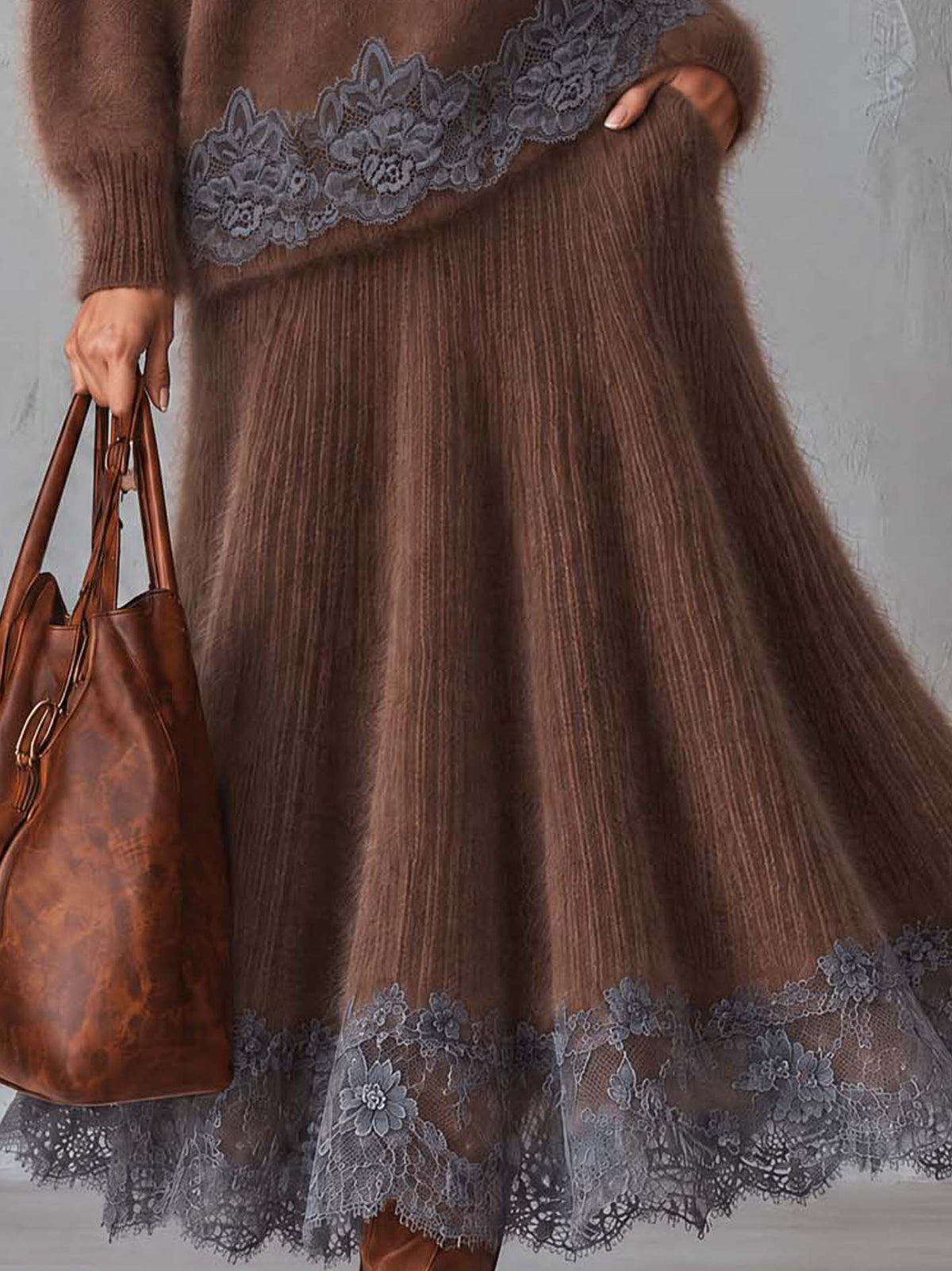 Brown Fuzzy Mohair Pleated Maxi Skirt Set With Lace Trim
