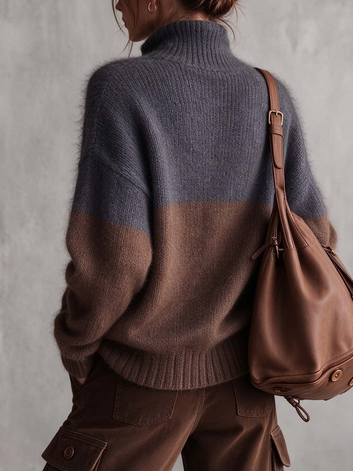 Charcoal Gray And Chocolate Brown Color Block Mohair Sweater With Button Placket