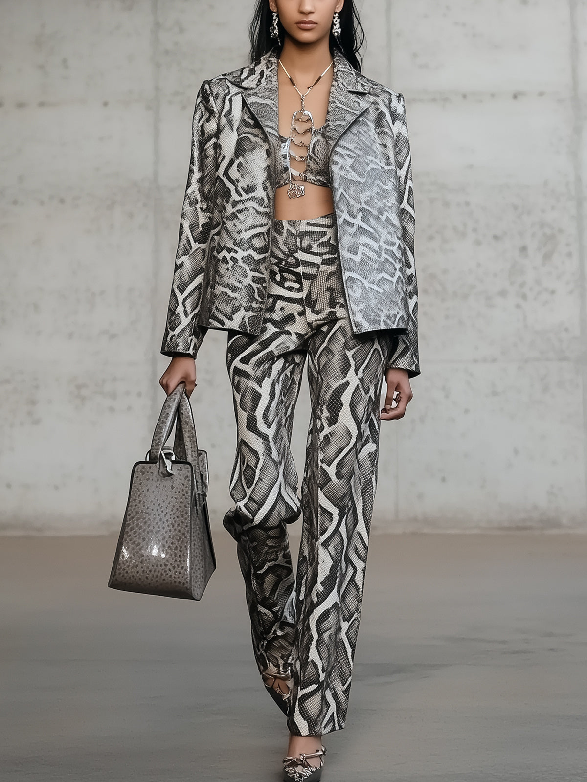 Gray Snake Print Cropped Blazer And Wide Leg Pants Suit