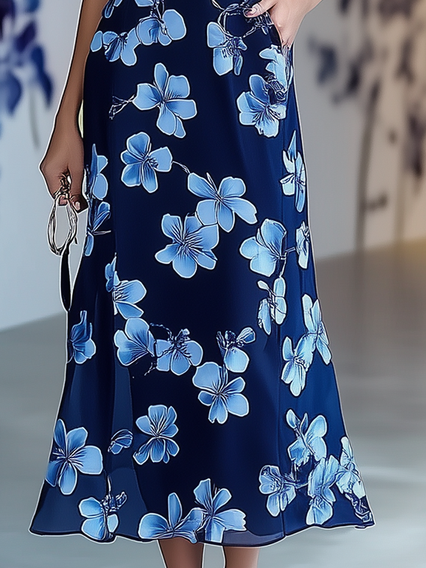 Off Shoulder Navy Midi Dress With Blue Flower Print