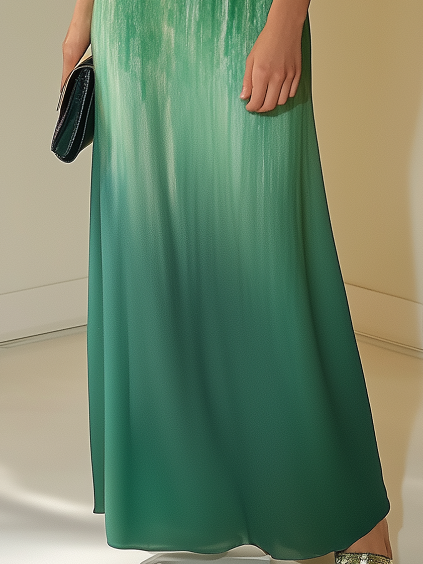 Maxi Dress With Green Gradient Pattern Print With Belt