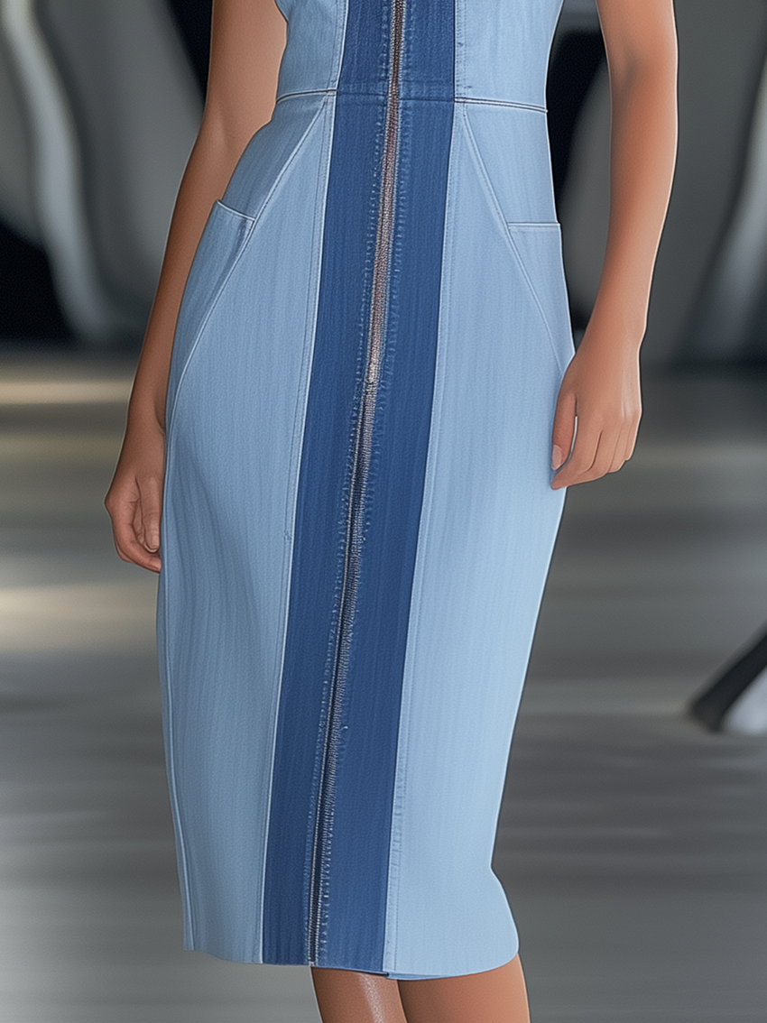 Color Block Denim Midi Bodycon Dress With Zipper