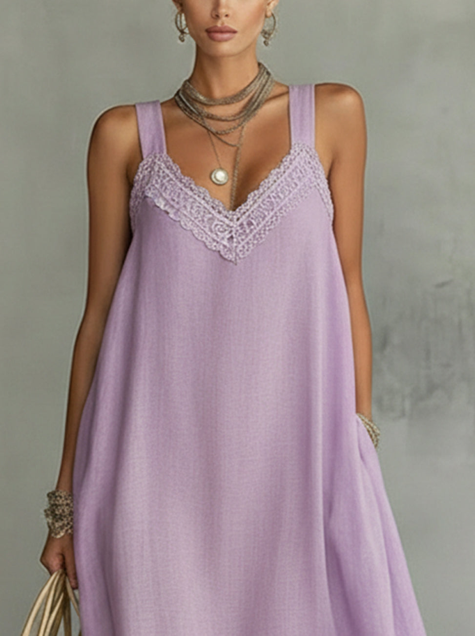 Purple Lace-Trim V-Neck Sleeveless Maxi Dress