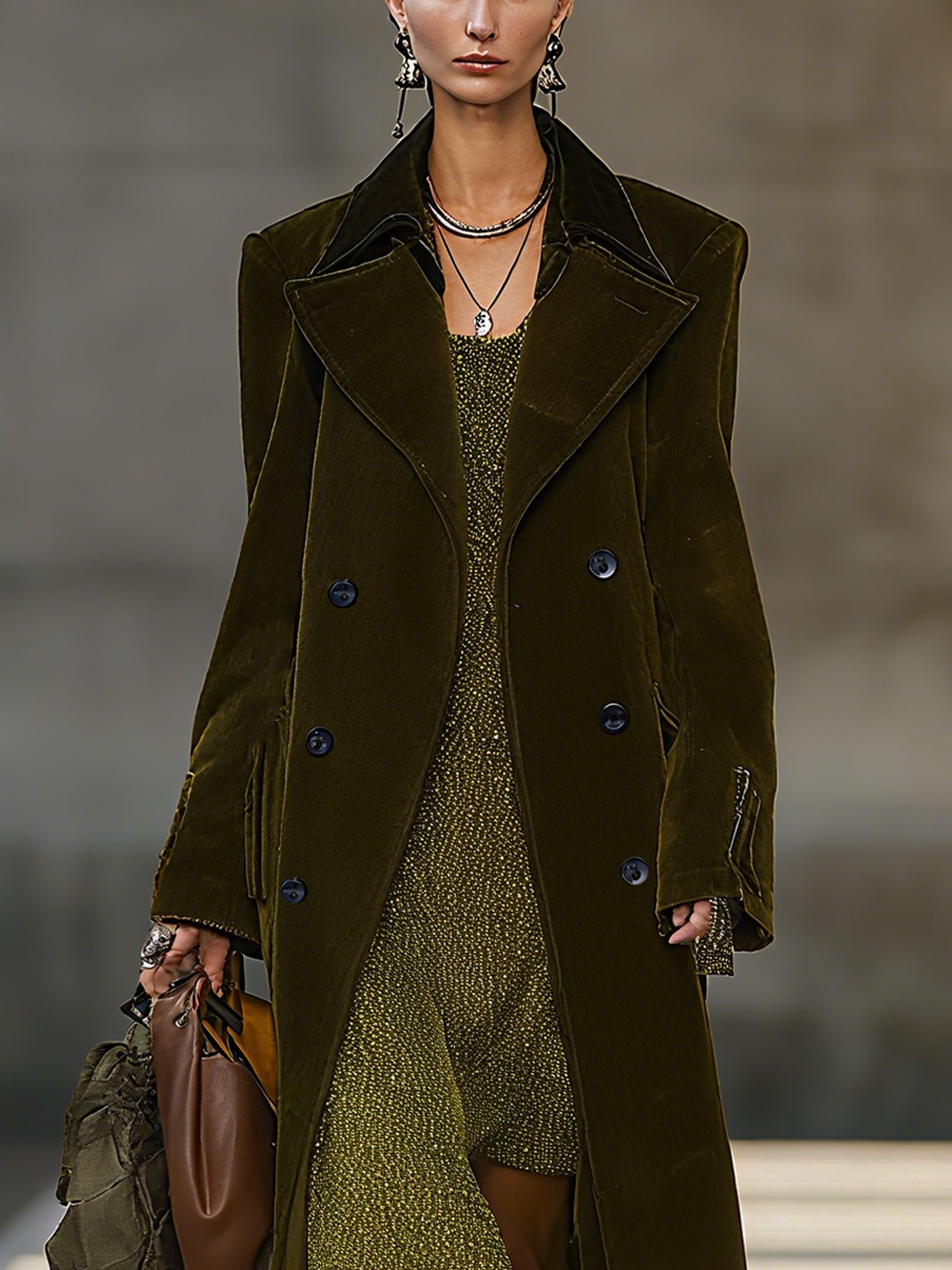 Olive Green Velvet Lapel Double Breasted Coat