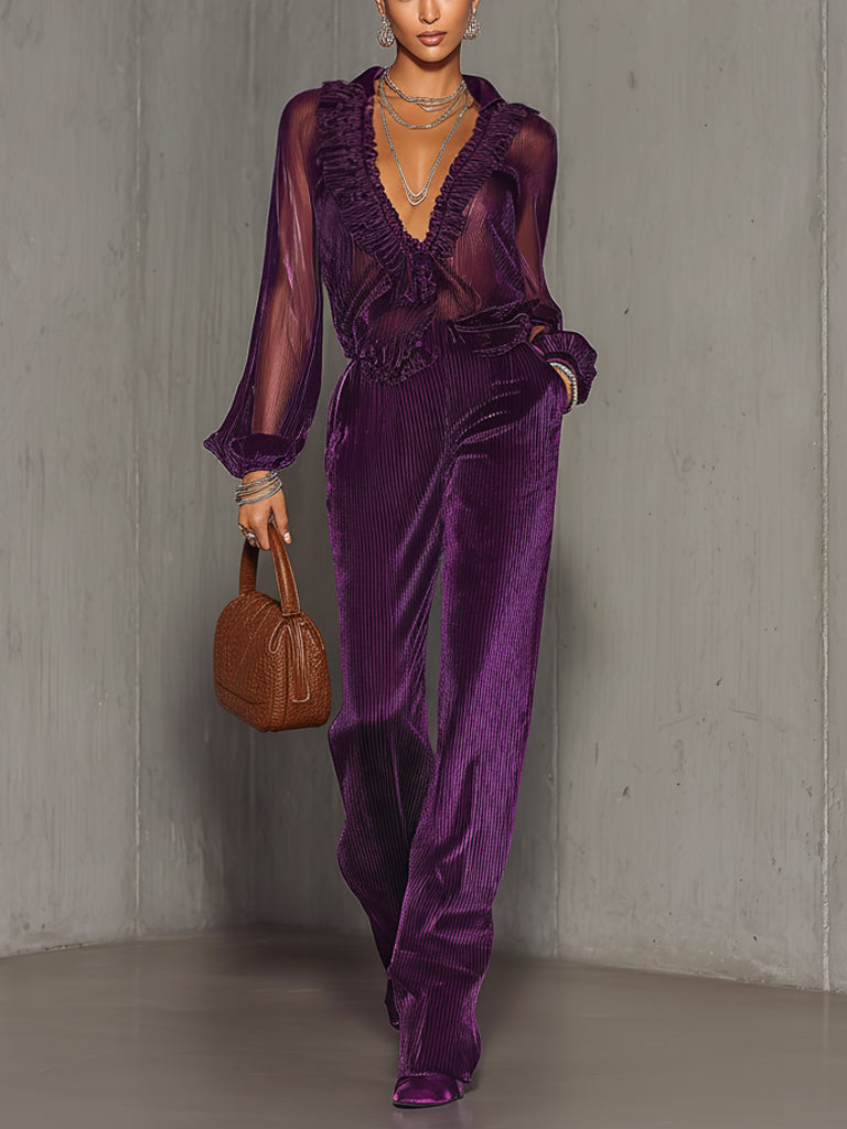 Purple Mesh Ruffled Top And Pleated Velvet Trousers Set