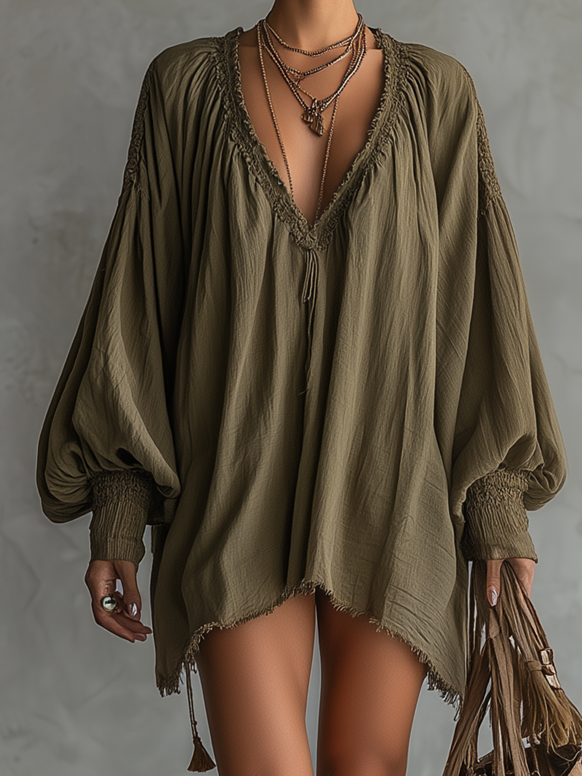 Olive Boho Textured V-Neck Lantern Sleeve Mini Dress